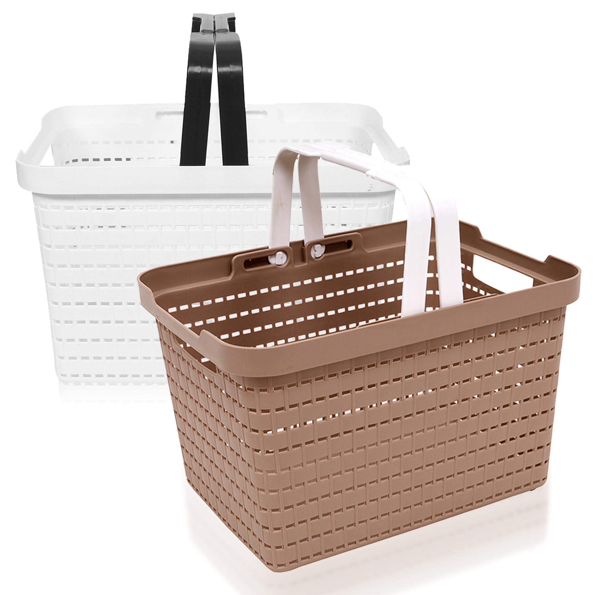 Kuber Industries Basket | Plastic Fruits Storage Basket | Picnic Storage Basket | Kitchen Storage Basket | Stationery Storage Basket | FLORA-333 | Large | Pack of 2 | White & Coffee