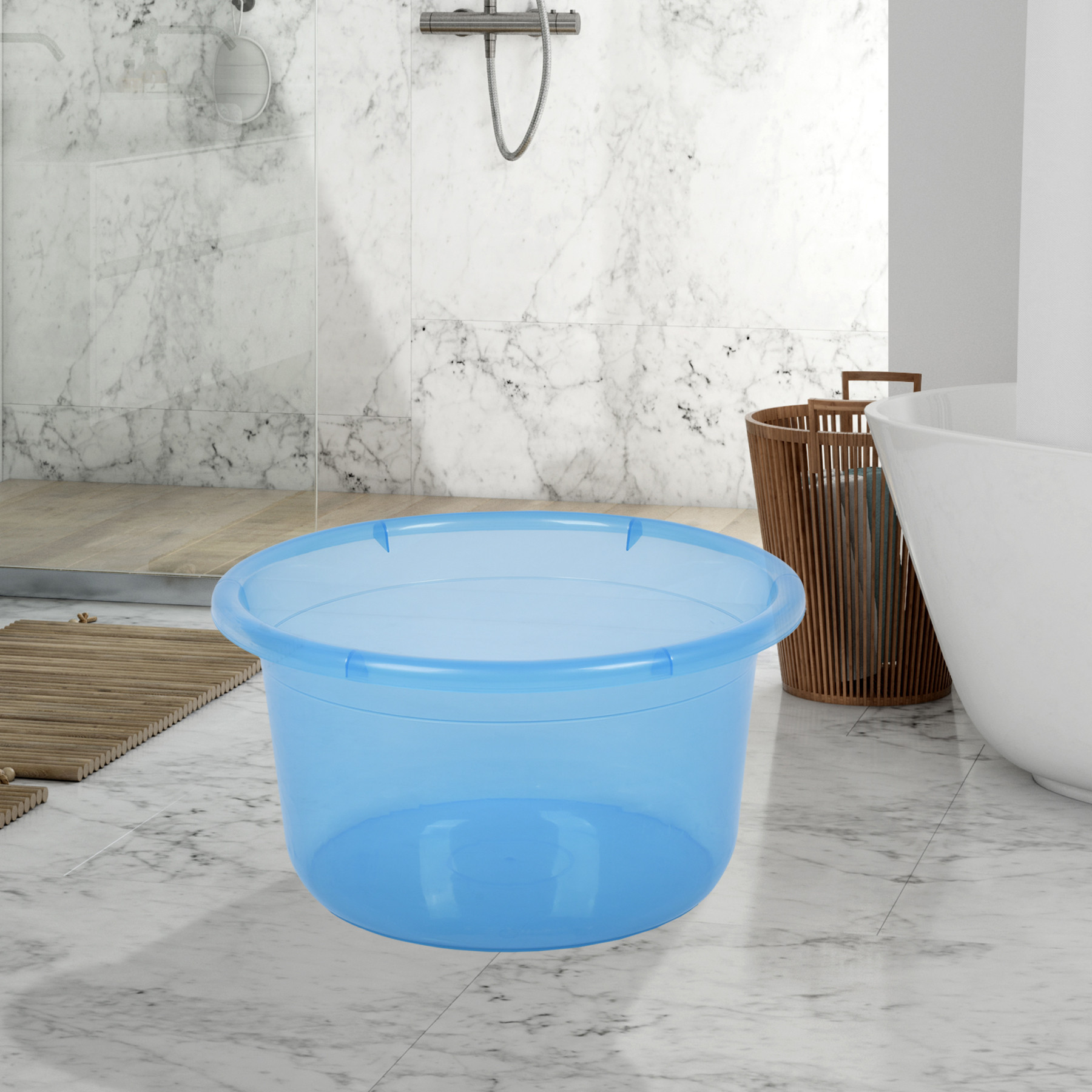 Kuber Industries Bath Tub | Multipurpose Bath Tub | Tub for Bathroom-Feeding Pan-Washing Clothes | Washing Tub | Bathing Bathroom Tub | 25 LTR | Transparent | Blue & Gray