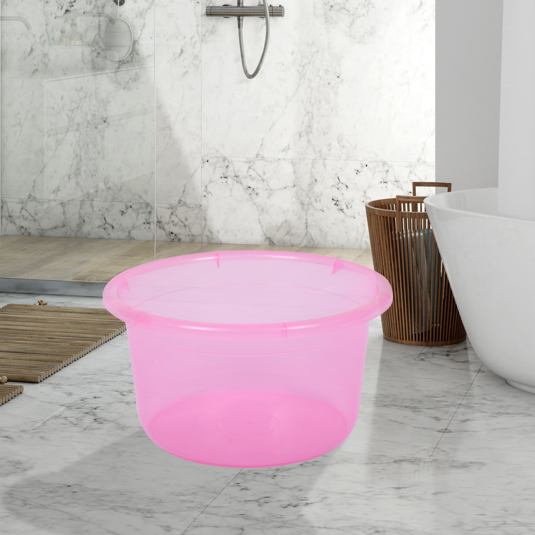 Kuber Industries Bath Tub | Multipurpose Bath Tub | Tub for Bathroom-Feeding Pan-Washing Clothes | Washing Tub | Bathing Bathroom Tub | 25 LTR | Transparent | Pink & Gray