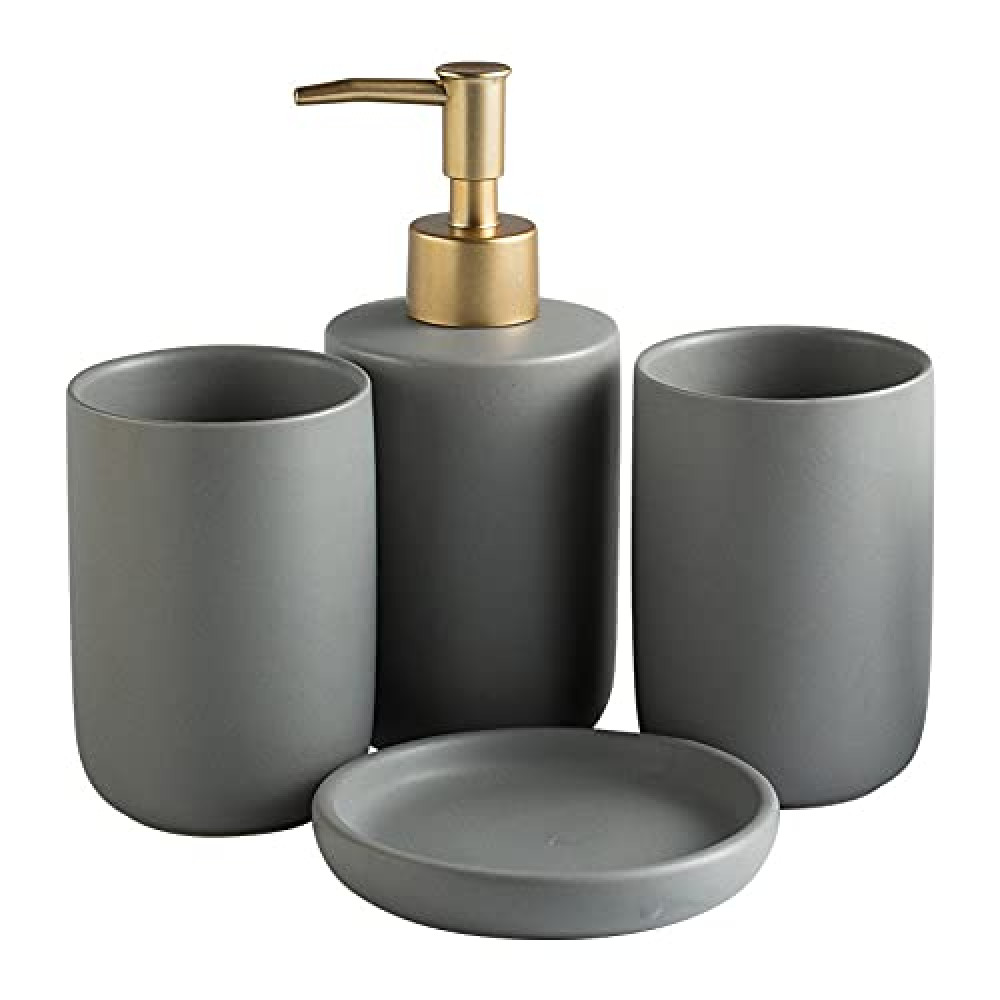 Kuber Industries Bathroom Accessories Set | Handwash Soap Dispenser | Water Cup | Soap Holder Dish for Bathroom | Toothbrush Holder for Bathroom | 4 Piece | Gray