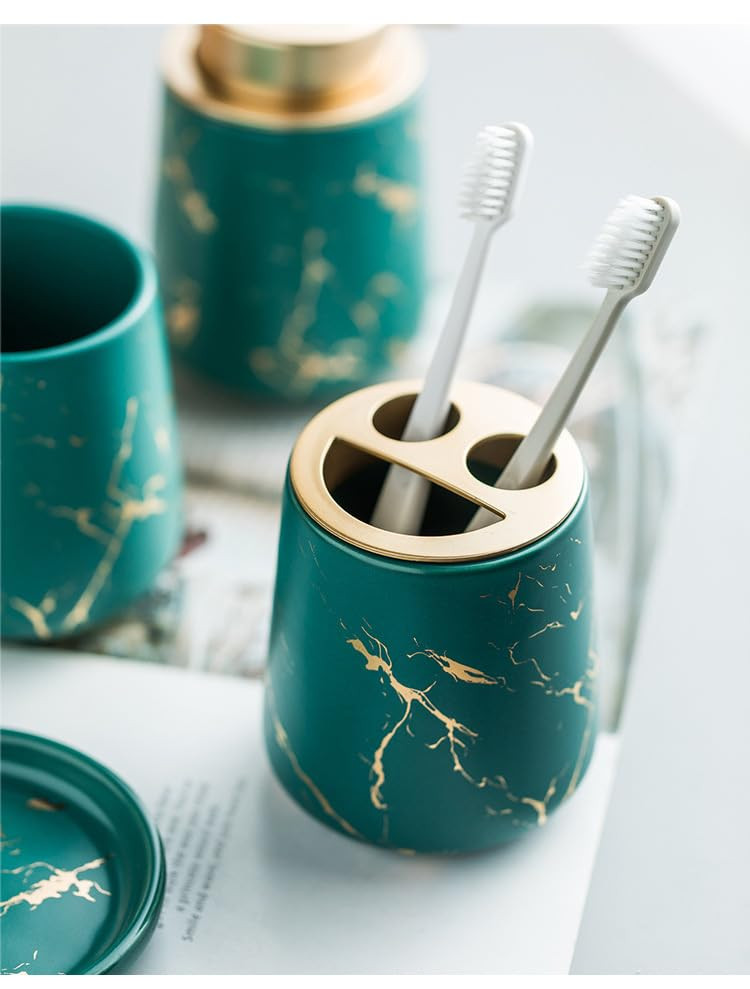 Kuber Industries Bathroom Accessories Set | Handwash Soap Dispenser | Water Cup | Soap Holder Dish for Bathroom | Toothbrush Holder for Bathroom | 4 Piece | ZX046GN | Green
