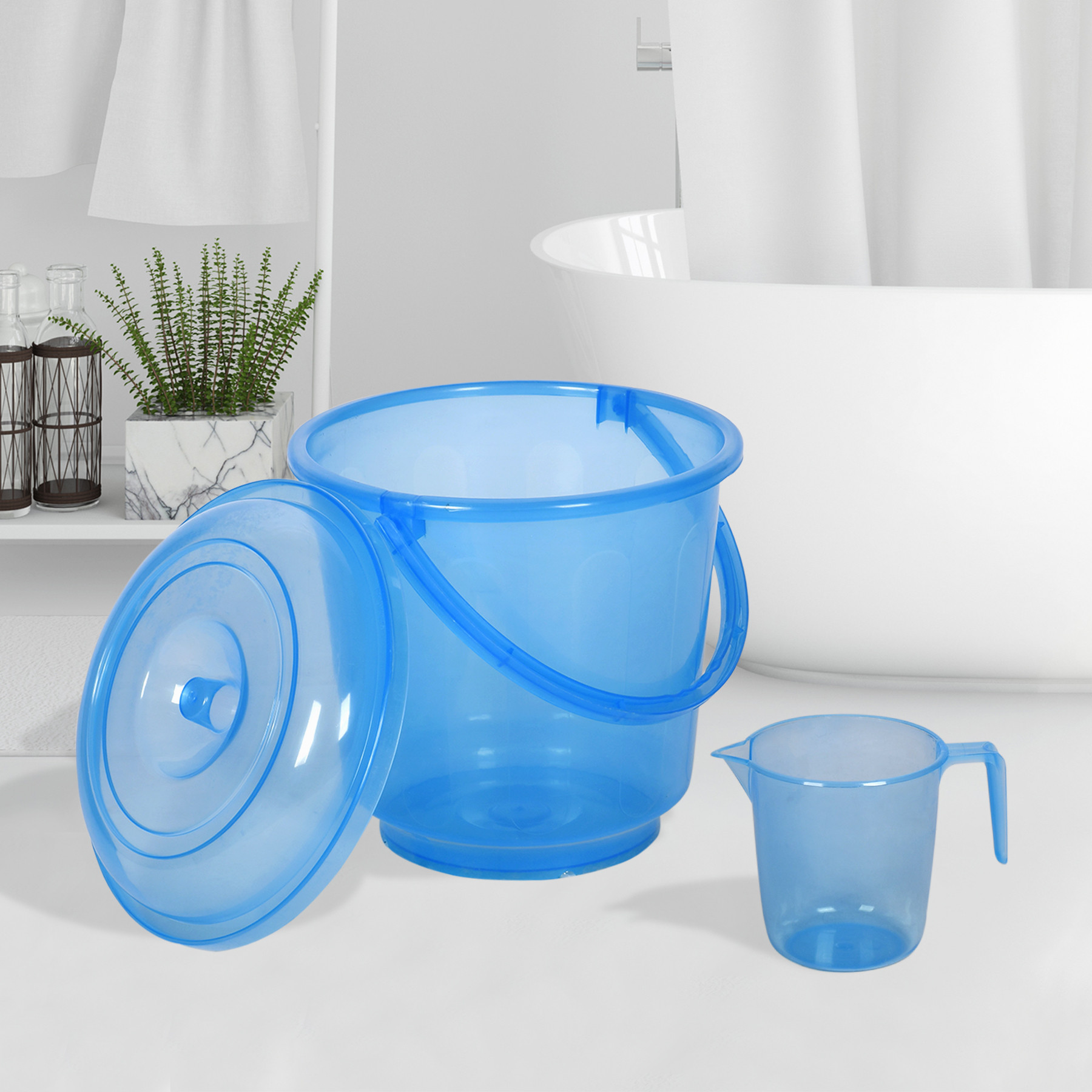 Kuber Industries Bathroom Combo Set | Bathroom Combo Set | Bucket-13 L & Mug-1100 ml Bathing Set for Bathroom | Modern Bathroom Accessories Set | Transparent Blue