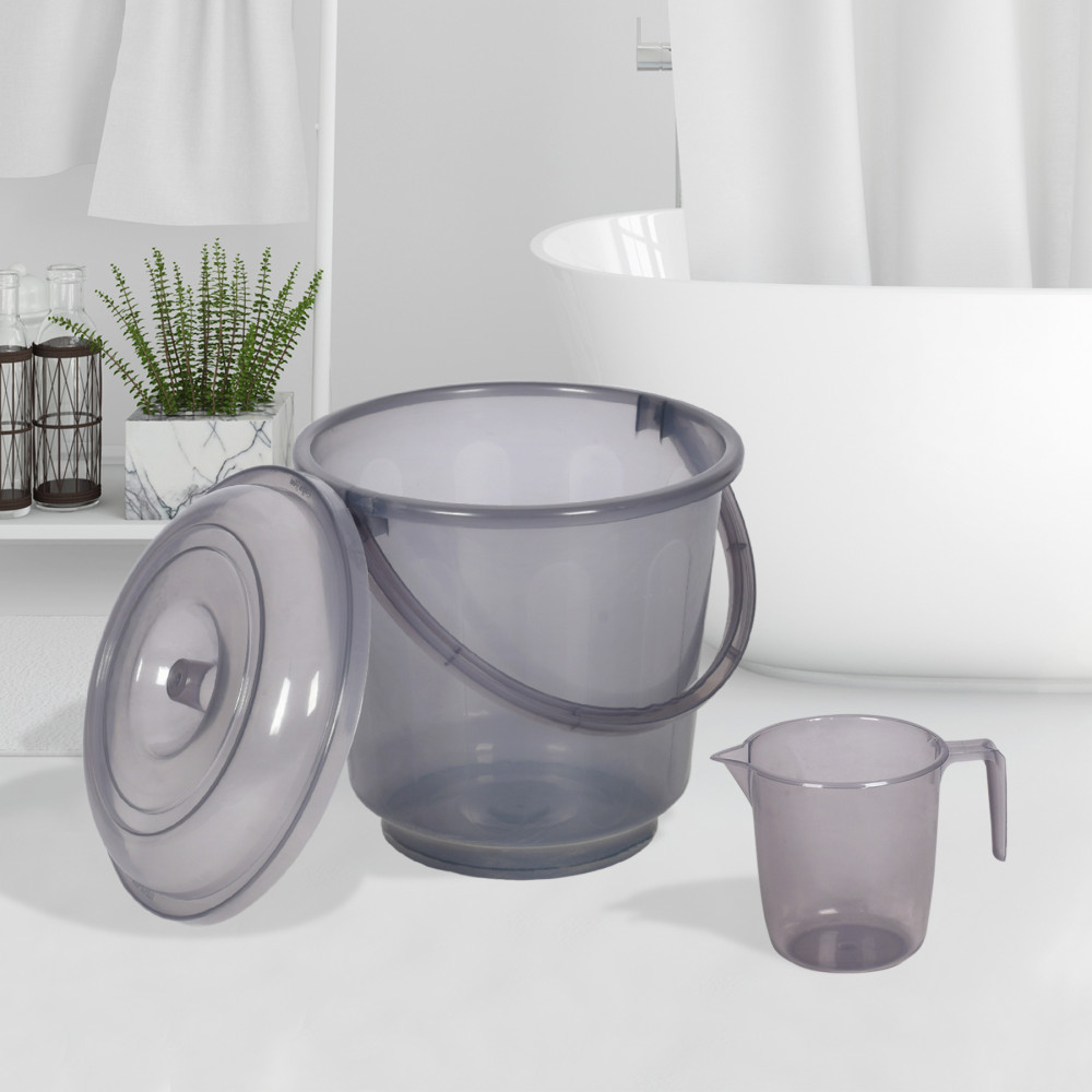 Kuber Industries Bathroom Combo Set | Bathroom Combo Set | Bucket-13 L &amp; Mug-1100 ml Bathing Set for Bathroom | Modern Bathroom Accessories Set | Transparent Gray