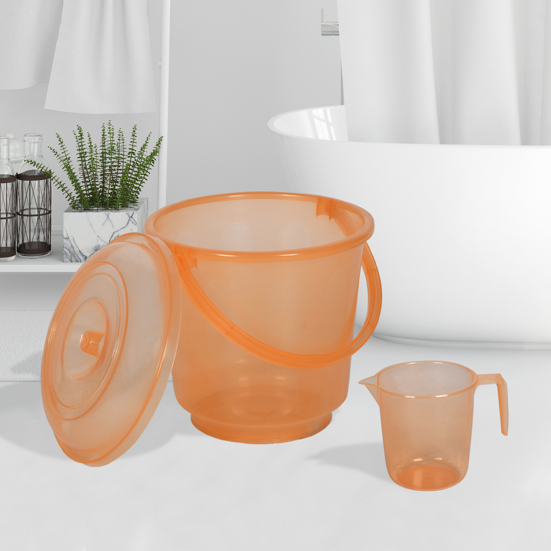 Kuber Industries Bathroom Combo Set | Bathroom Combo Set | Bucket-13 L & Mug-1100 ml Bathing Set for Bathroom | Modern Bathroom Accessories Set | Transparent Orange