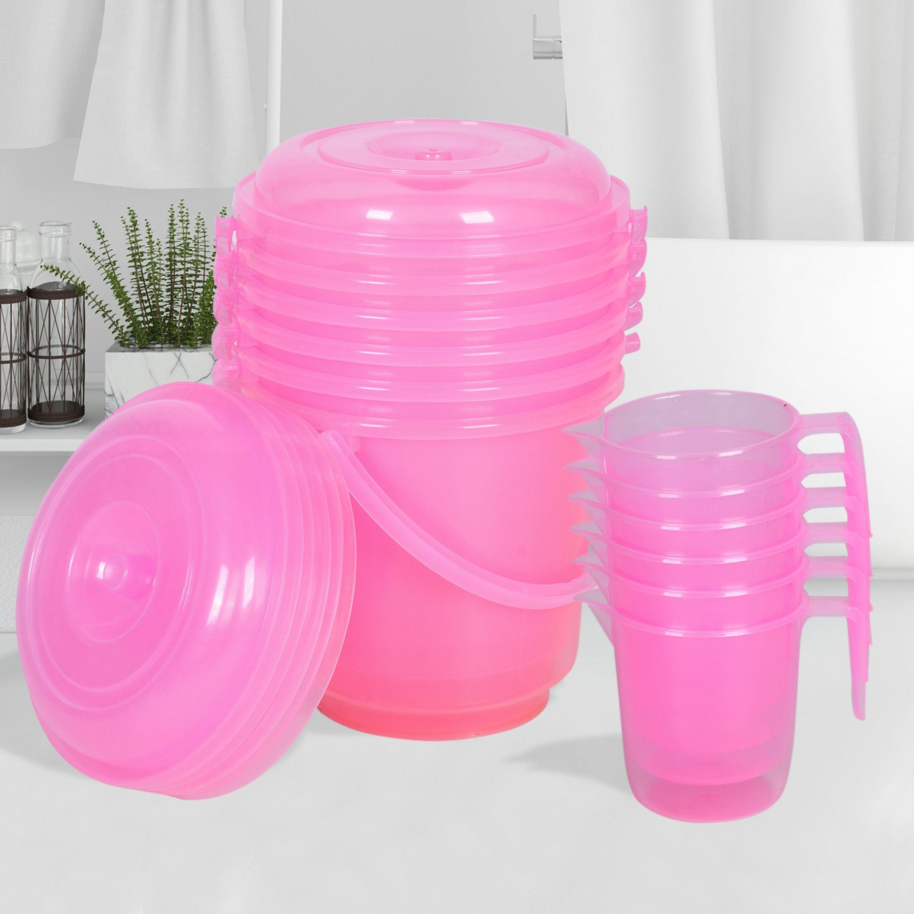 Kuber Industries Bathroom Combo Set | Bathroom Combo Set | Bucket-13 L & Mug-1100 ml Bathing Set for Bathroom | Modern Bathroom Accessories Set | Transparent Pink