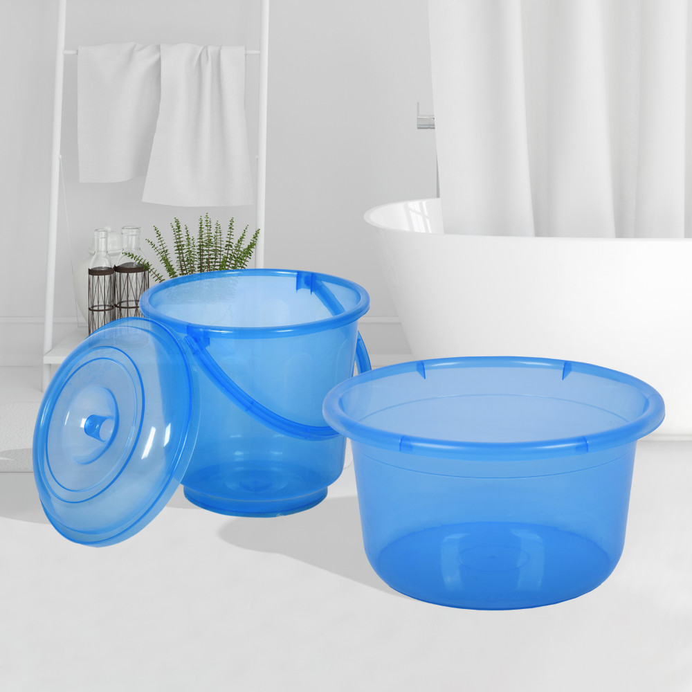 Kuber Industries Bathroom Combo Set | Bathroom Set | Tub-25 L &amp; Bucket-13 L Bathing Set for Bathroom | Modern Bathroom Accessories Set | Transparent Blue