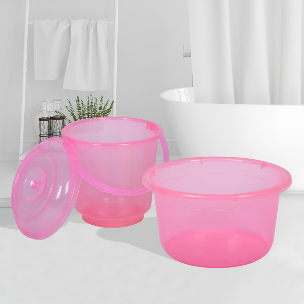 Kuber Industries Bathroom Combo Set | Bathroom Set | Tub-25 L &amp; Bucket-13 L Bathing Set for Bathroom | Modern Bathroom Accessories Set | Transparent Pink