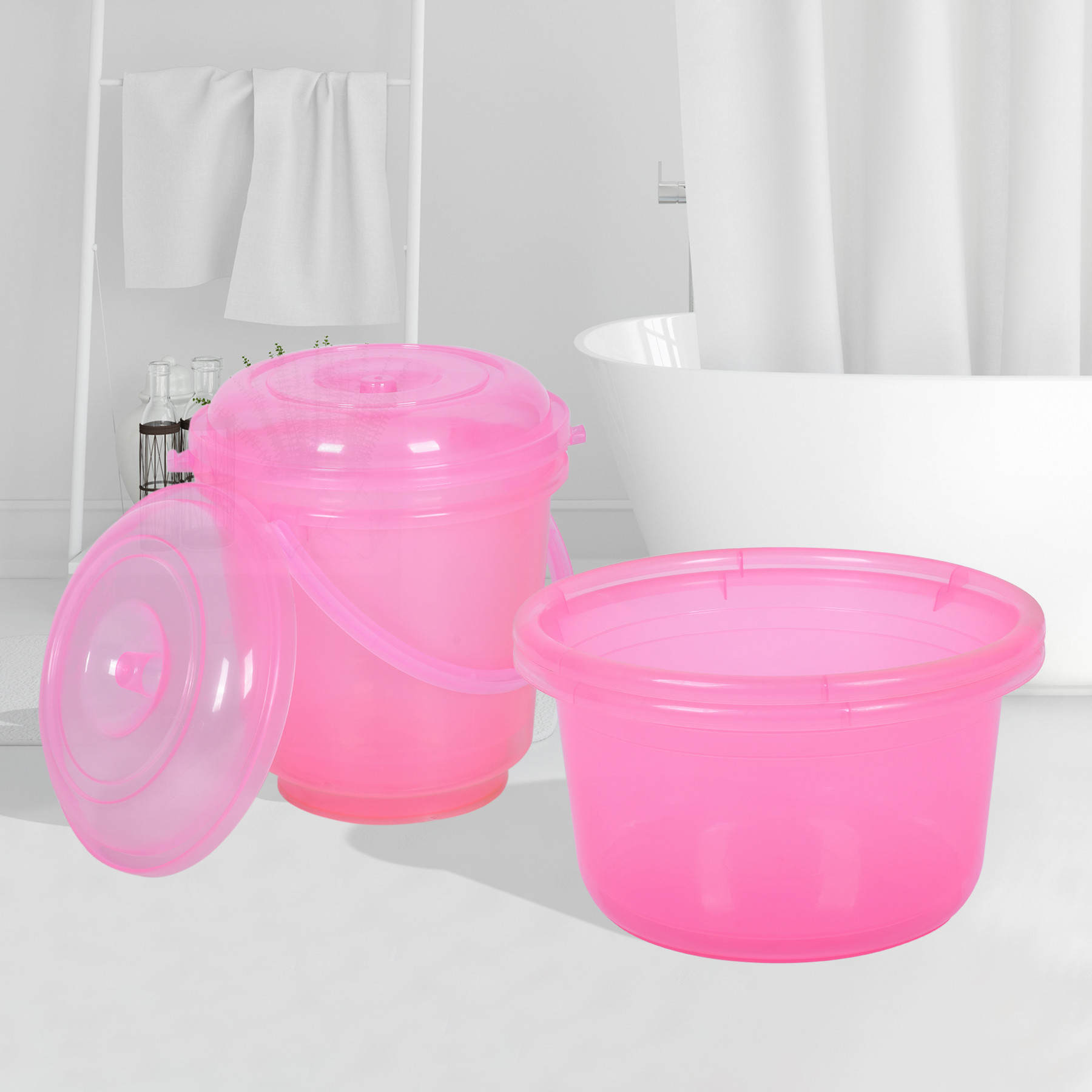 Kuber Industries Bathroom Combo Set | Bathroom Set | Tub-25 L & Bucket-13 L Bathing Set for Bathroom | Modern Bathroom Accessories Set | Transparent Pink
