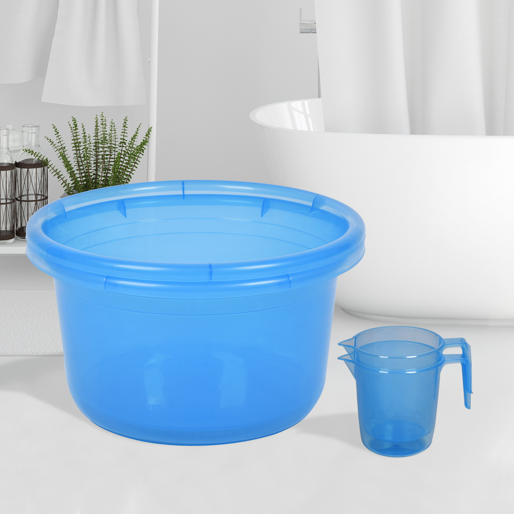 Kuber Industries Bathroom Combo Set | Bathroom Set | Tub-25 L & Mug-1100 ml Bathing Set for Bathroom | Modern Bathroom Accessories Set | Transparent Blue