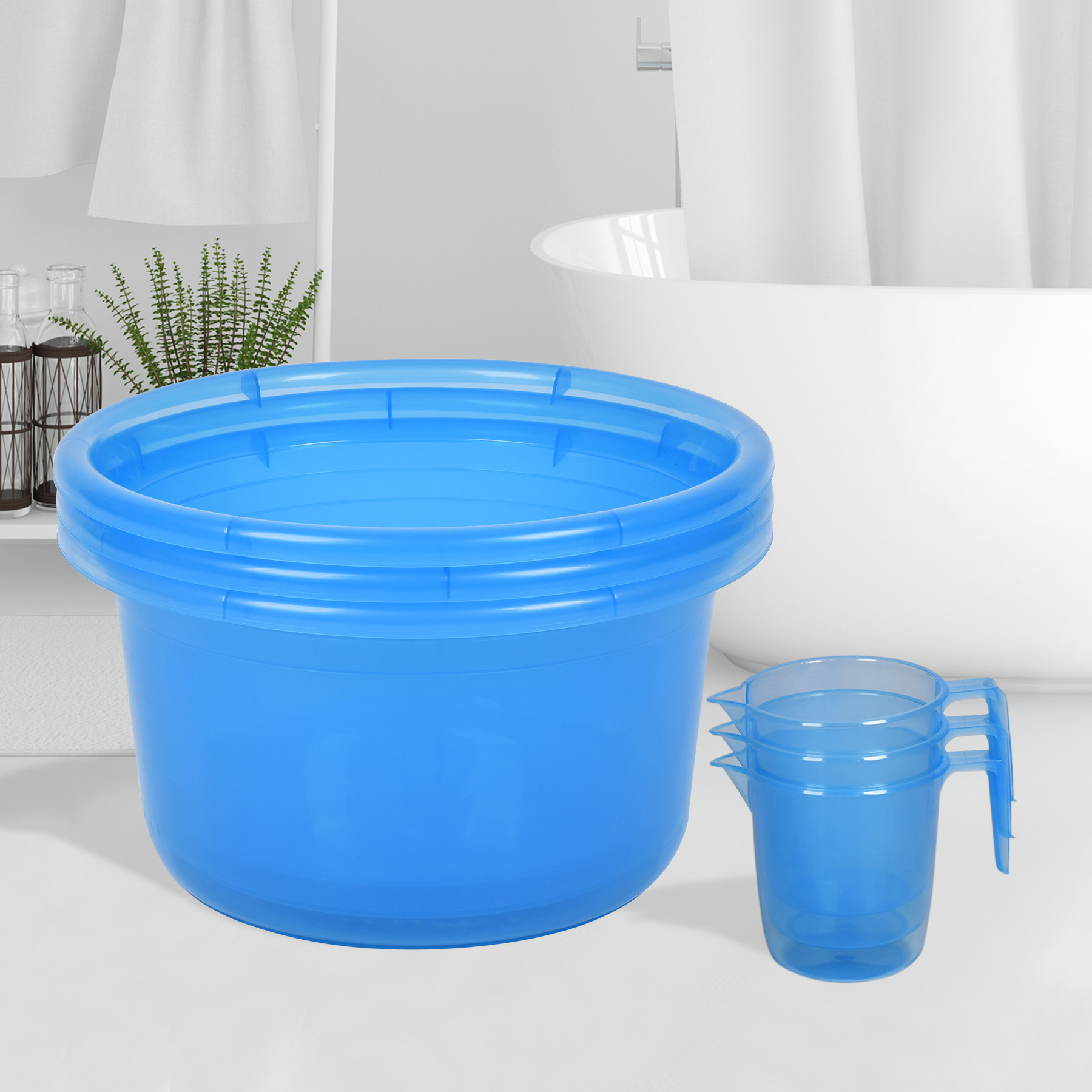 Kuber Industries Bathroom Combo Set | Bathroom Set | Tub-25 L & Mug-1100 ml Bathing Set for Bathroom | Modern Bathroom Accessories Set | Transparent Blue
