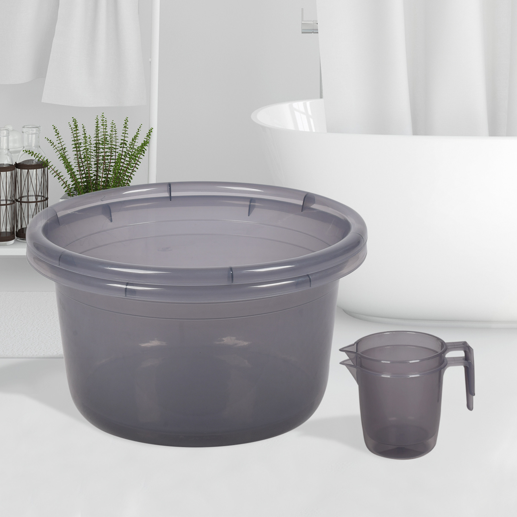 Kuber Industries Bathroom Combo Set | Bathroom Set | Tub-25 L & Mug-1100 ml Bathing Set for Bathroom | Modern Bathroom Accessories Set | Transparent Gray