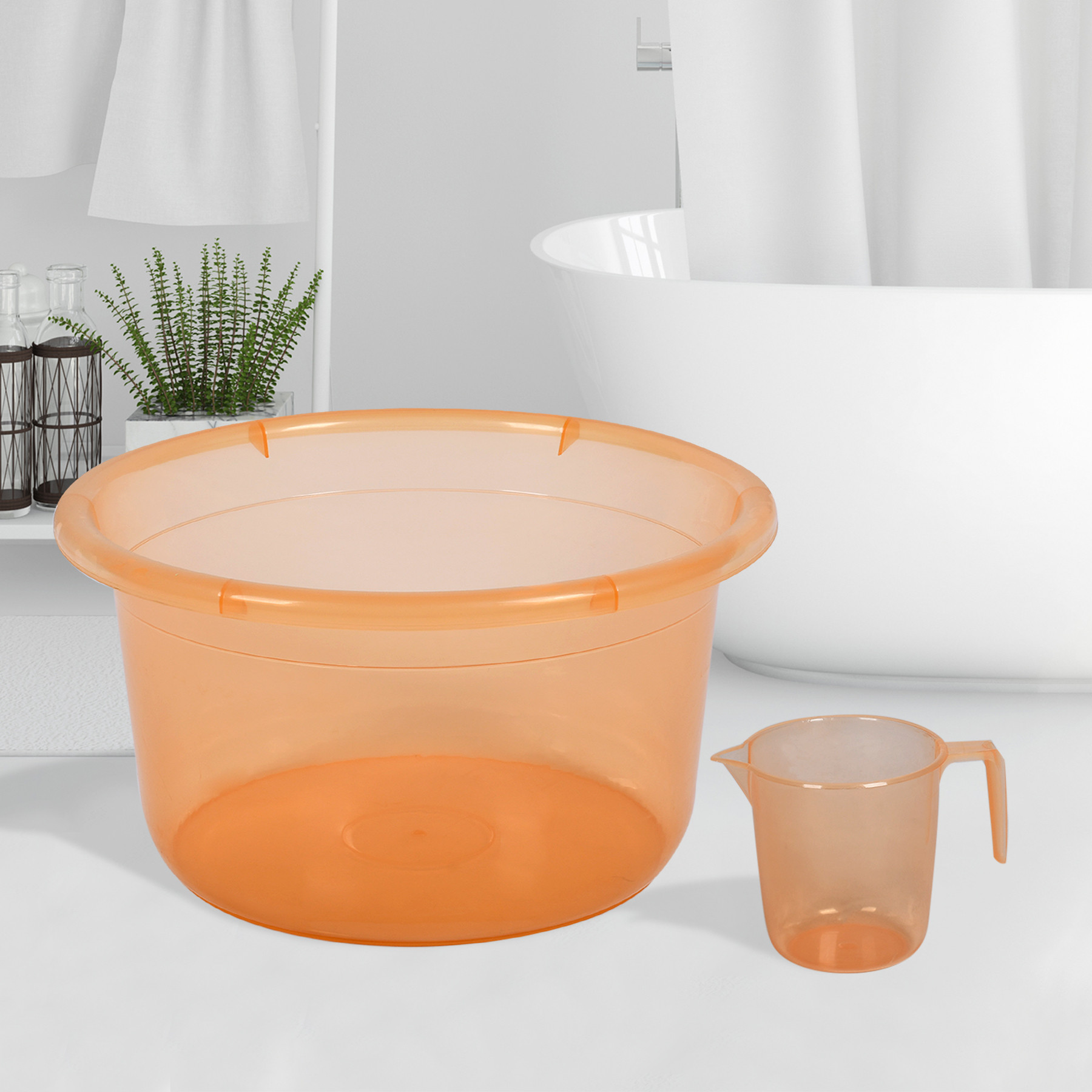 Kuber Industries Bathroom Combo Set | Bathroom Set | Tub-25 L & Mug-1100 ml Bathing Set for Bathroom | Modern Bathroom Accessories Set | Transparent Orange