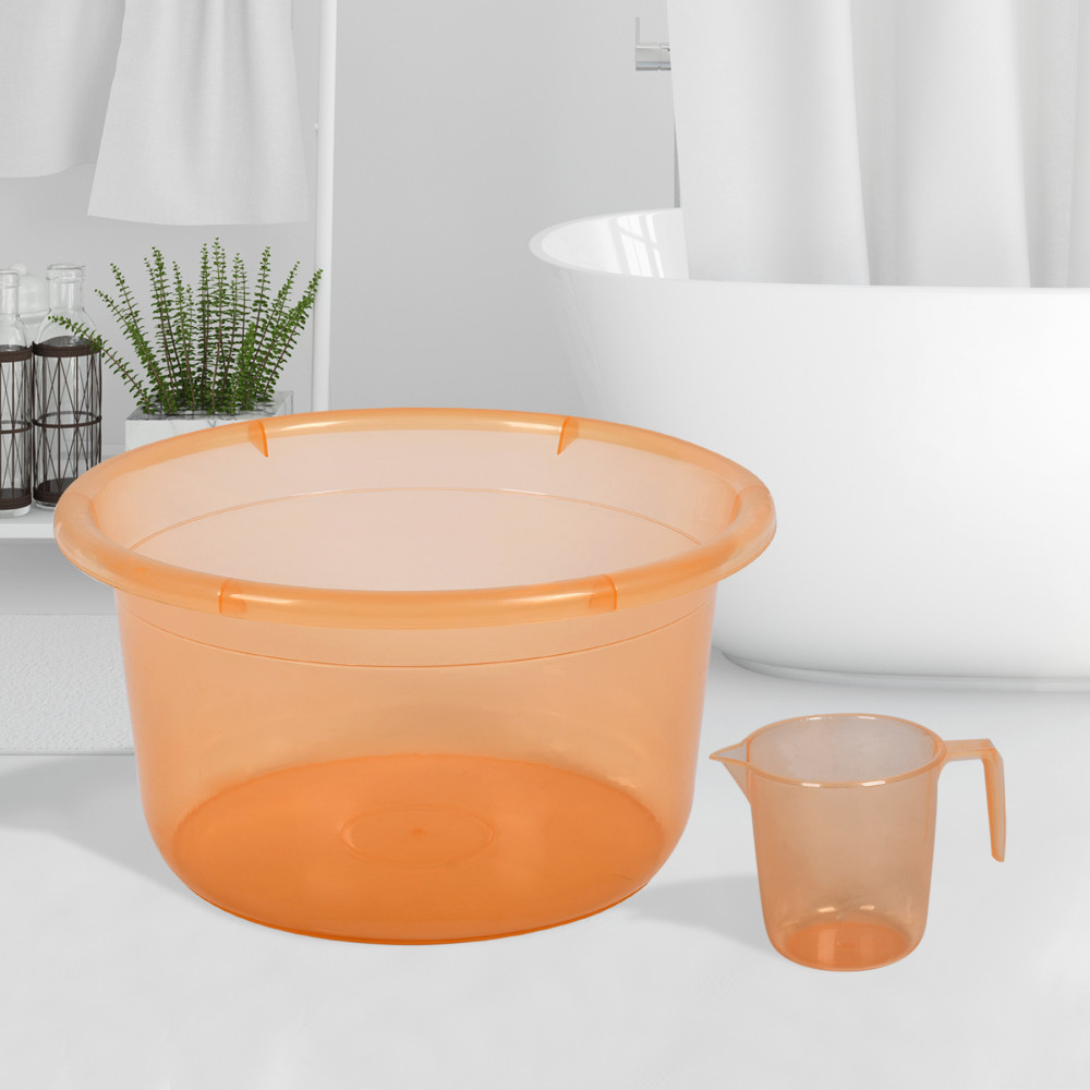 Kuber Industries Bathroom Combo Set | Bathroom Set | Tub-25 L &amp; Mug-1100 ml Bathing Set for Bathroom | Modern Bathroom Accessories Set | Transparent Orange