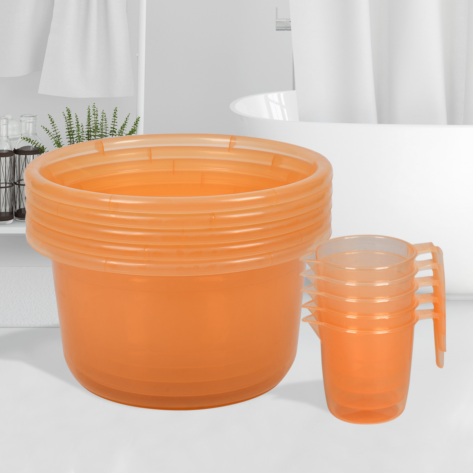 Kuber Industries Bathroom Combo Set | Bathroom Set | Tub-25 L & Mug-1100 ml Bathing Set for Bathroom | Modern Bathroom Accessories Set | Transparent Orange