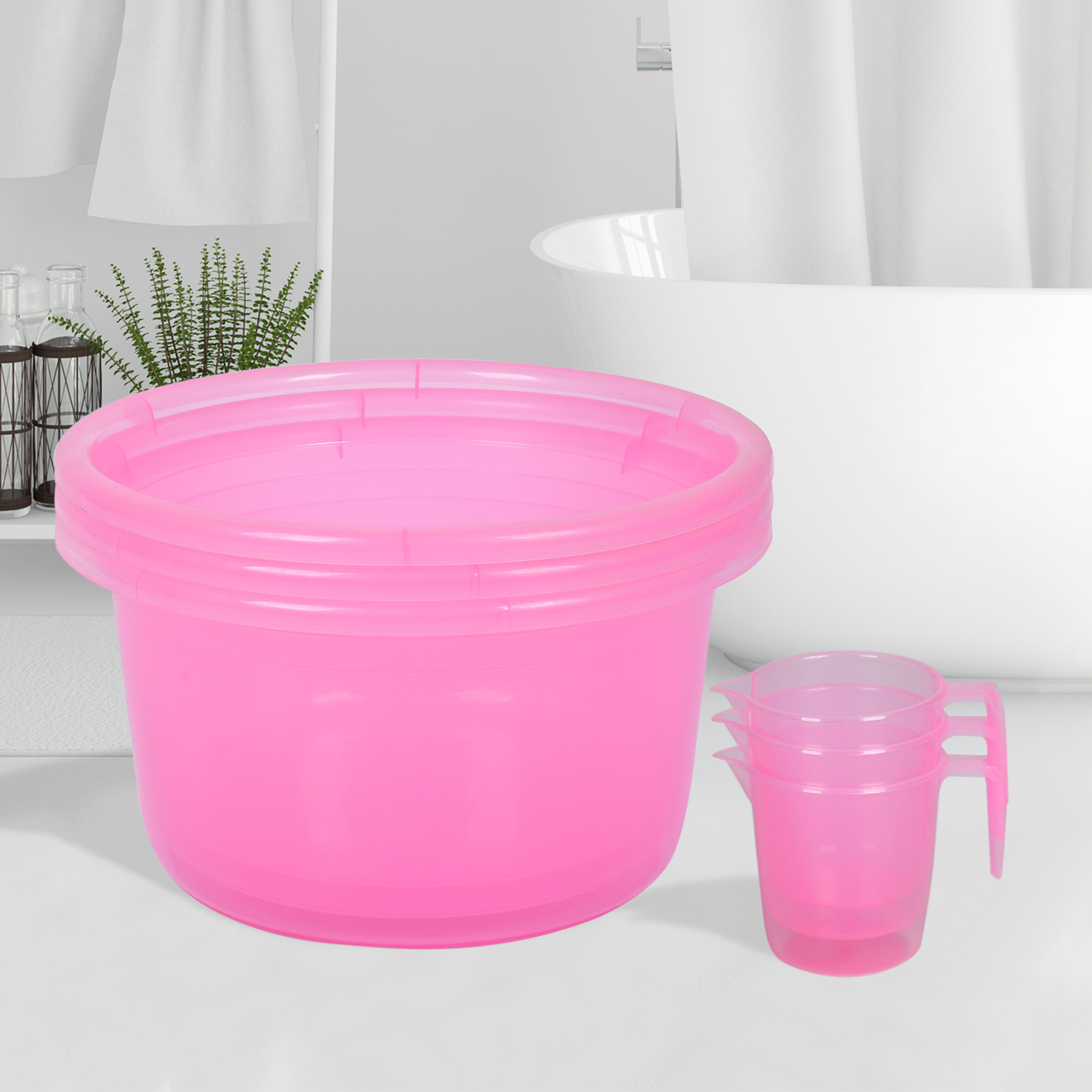 Kuber Industries Bathroom Combo Set | Bathroom Set | Tub-25 L & Mug-1100 ml Bathing Set for Bathroom | Modern Bathroom Accessories Set | Transparent Pink