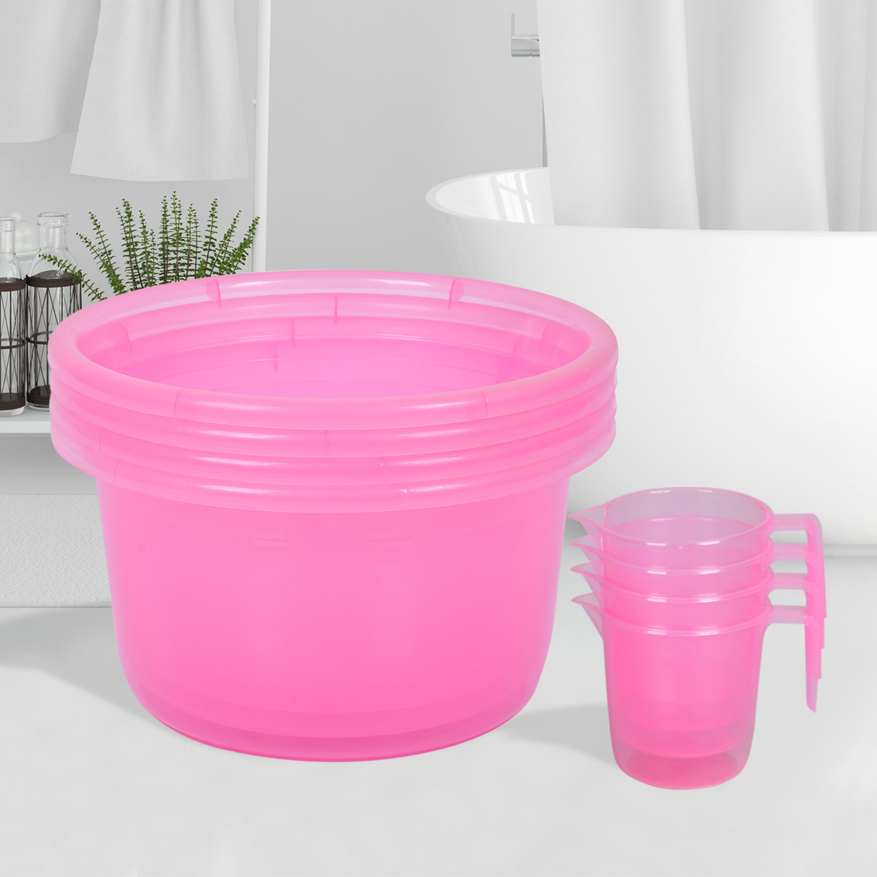 Kuber Industries Bathroom Combo Set | Bathroom Set | Tub-25 L & Mug-1100 ml Bathing Set for Bathroom | Modern Bathroom Accessories Set | Transparent Pink