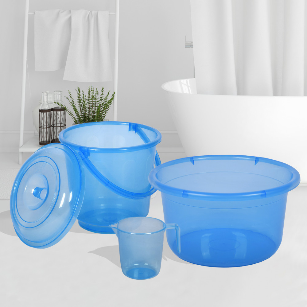 Kuber Industries Bathroom Combo Set | Bathroom Set | Tub-25 L with Bucket-13 L &amp; Mug-1100 ml Bathing Set for Bathroom | Modern Bathroom Accessories Set | Transparent Blue