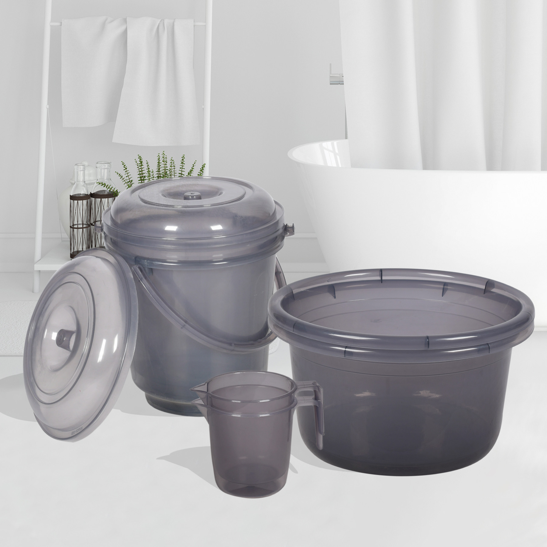 Kuber Industries Bathroom Combo Set | Bathroom Set | Tub-25 L with Bucket-13 L & Mug-1100 ml Bathing Set for Bathroom | Modern Bathroom Accessories Set | Transparent Gray