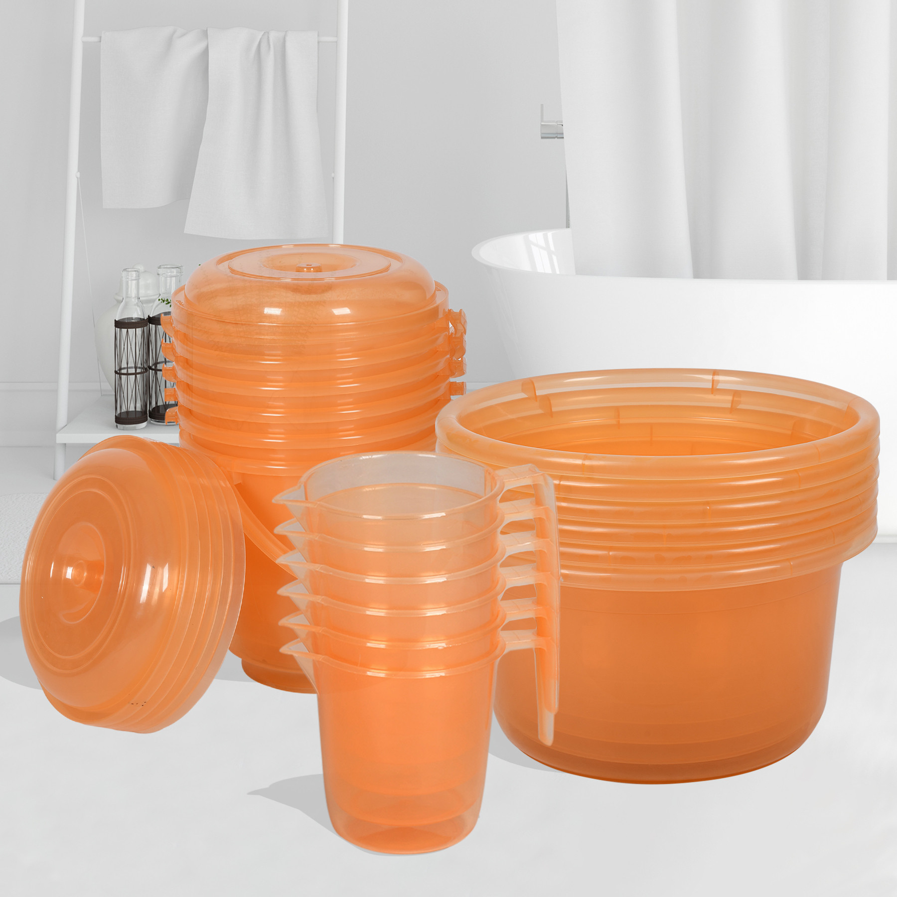 Kuber Industries Bathroom Combo Set | Bathroom Set | Tub-25 L with Bucket-13 L & Mug-1100 ml Bathing Set for Bathroom | Modern Bathroom Accessories Set | Transparent Orange