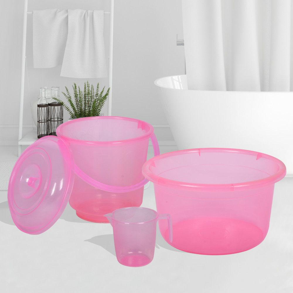 Kuber Industries Bathroom Combo Set | Bathroom Set | Tub-25 L with Bucket-13 L &amp; Mug-1100 ml Bathing Set for Bathroom | Modern Bathroom Accessories Set | Transparent Pink