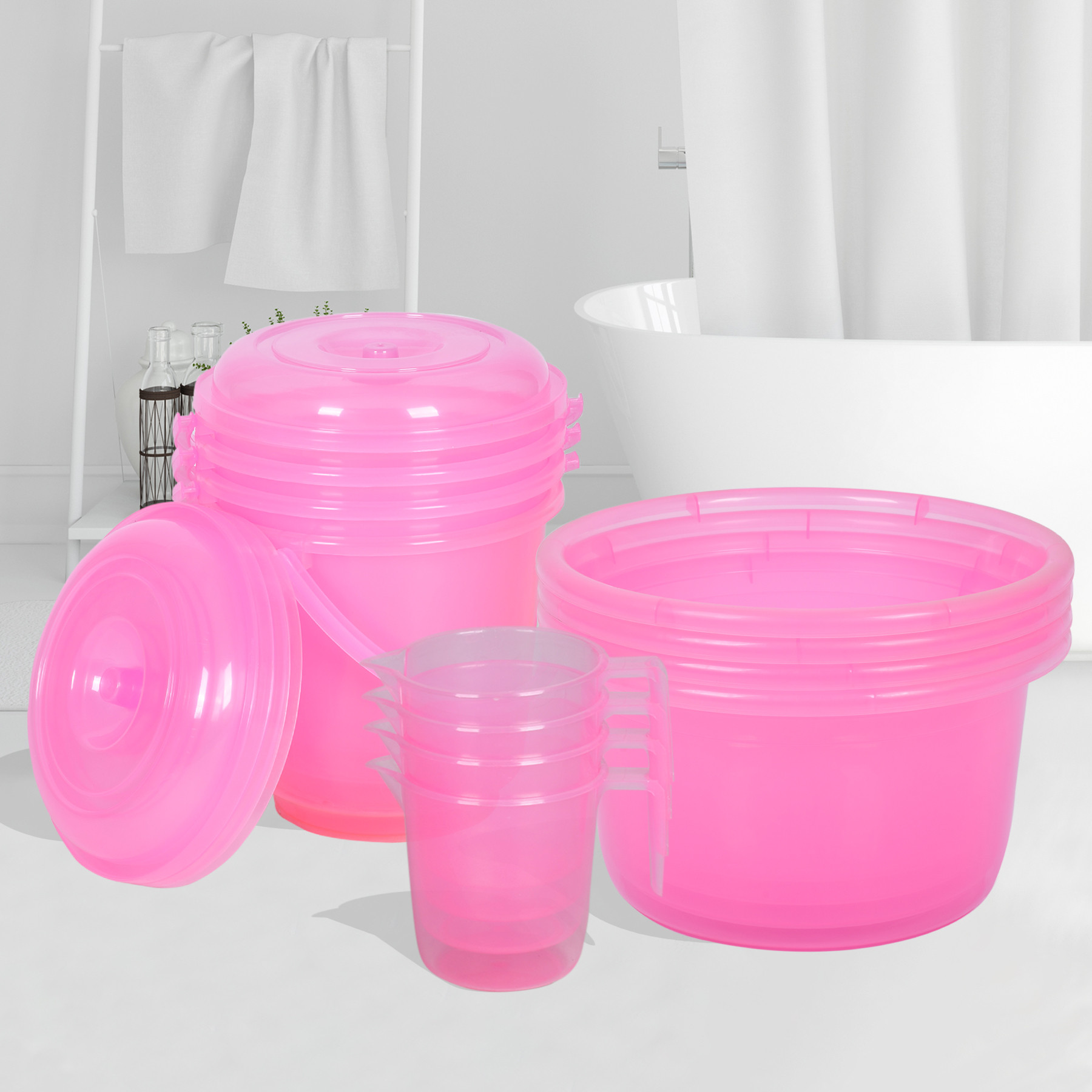Kuber Industries Bathroom Combo Set | Bathroom Set | Tub-25 L with Bucket-13 L & Mug-1100 ml Bathing Set for Bathroom | Modern Bathroom Accessories Set | Transparent Pink
