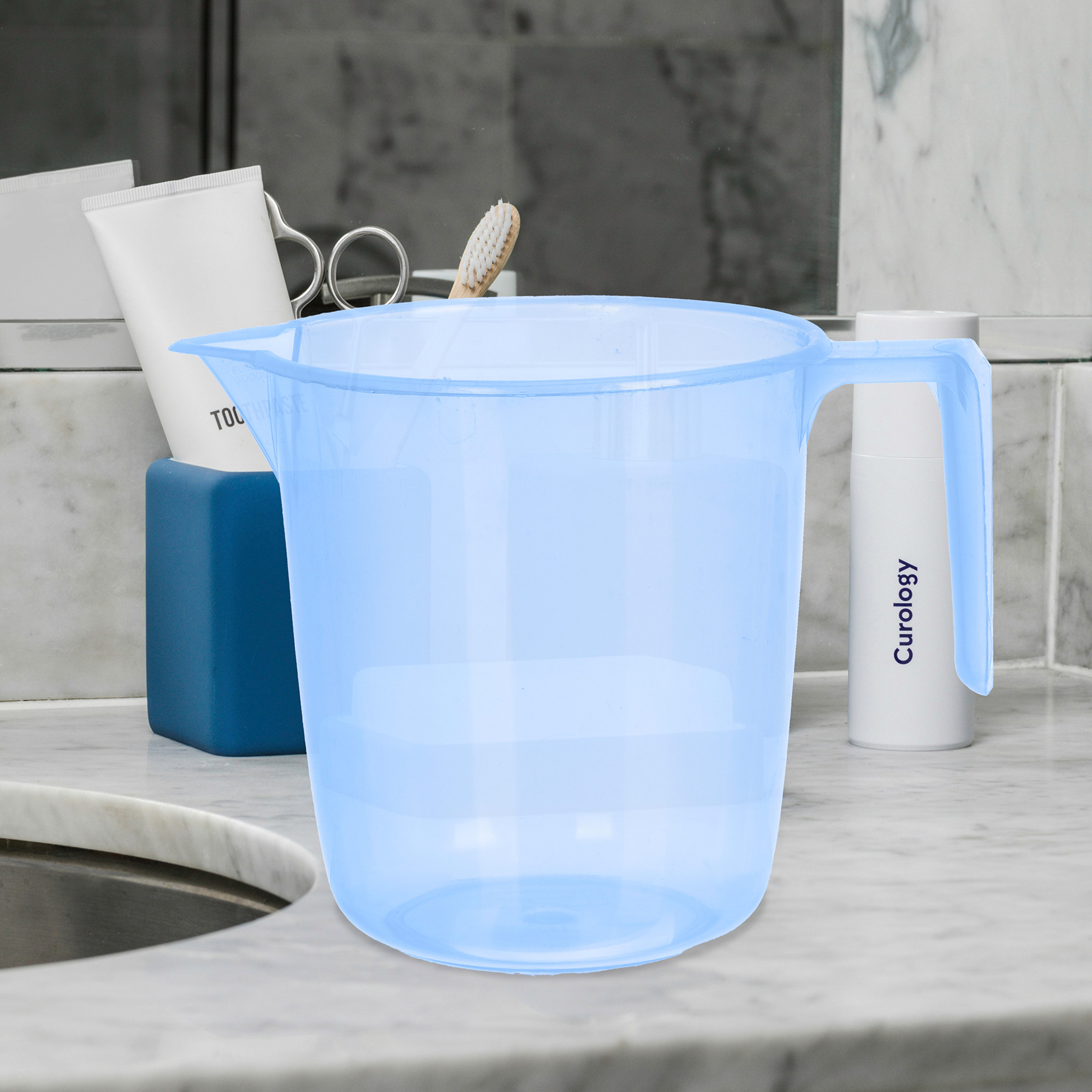 Kuber Industries Bathroom Mug | Multipurpose Bath Rinse Mug for Bathroom | Reusable Bath Mug | Wash Mug for Toilet | Mug for Washroom | 1100 ML | Transparent | Blue & Gray