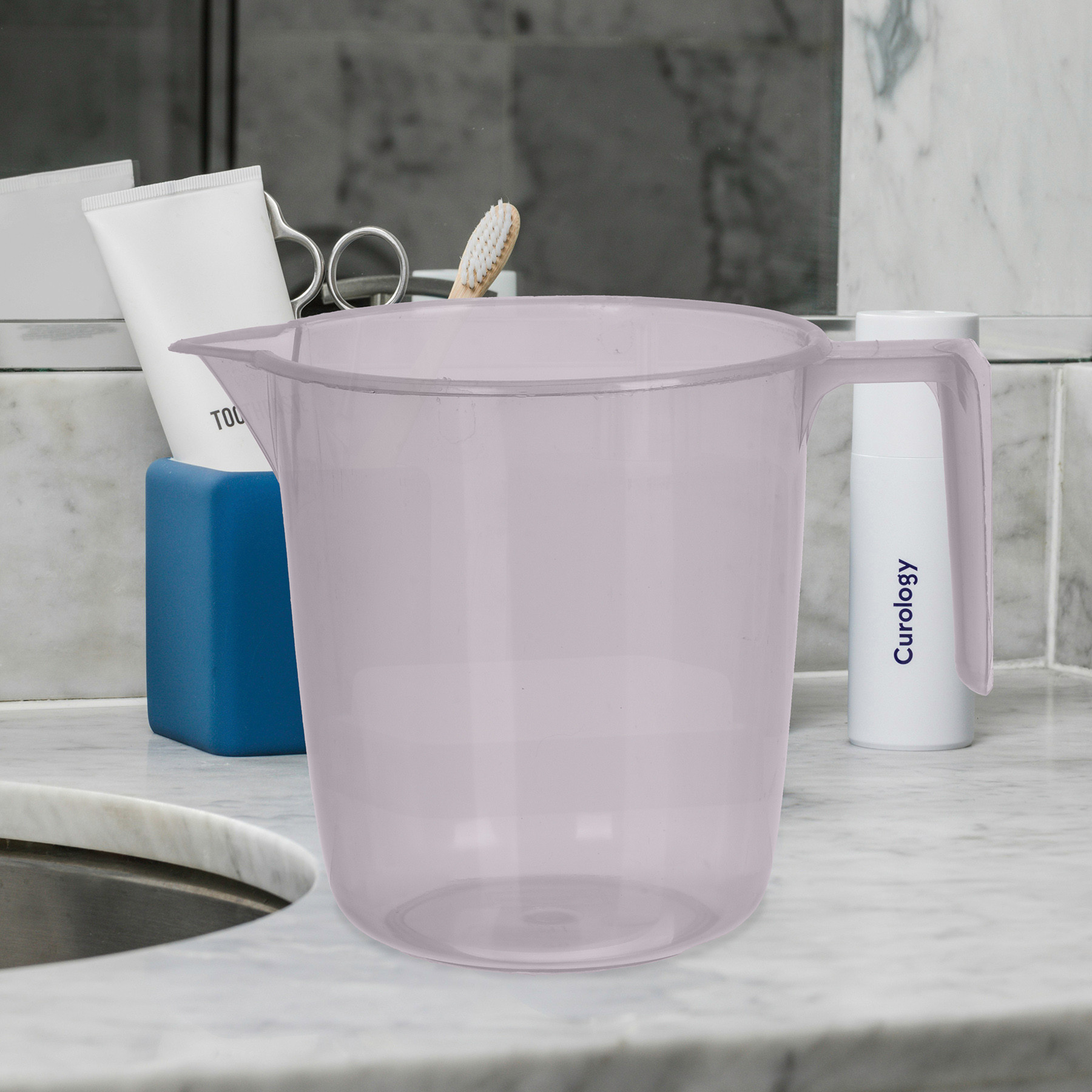 Kuber Industries Bathroom Mug | Multipurpose Bath Rinse Mug for Bathroom | Reusable Bath Mug | Wash Mug for Toilet | Mug for Washroom | 1100 ML | Transparent | Gray & Orange