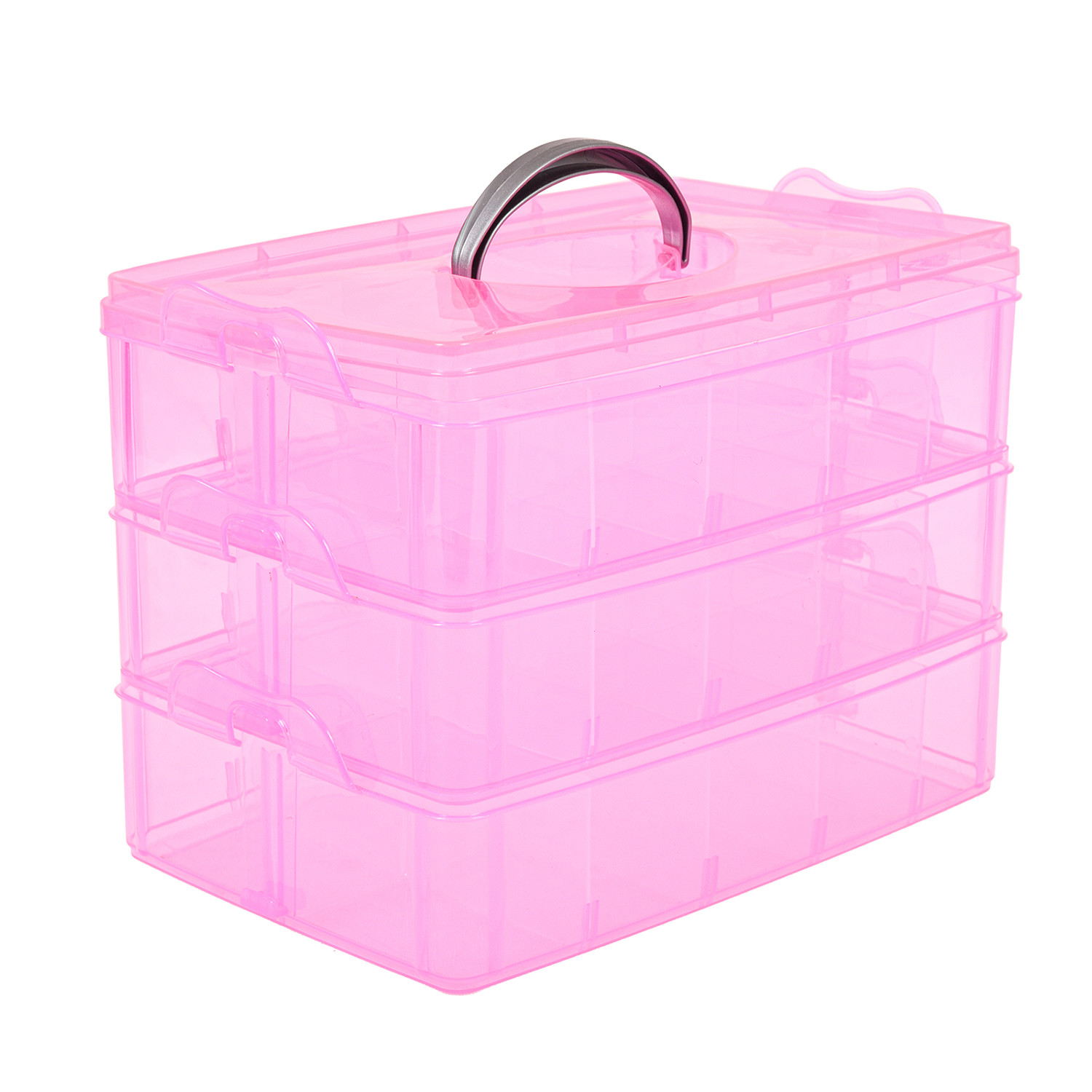 Kuber Industries Beads Storage Box|Plastic Detachable 3-Tier Box Organizer|30 Grid Storage Organizer for Glitters|Thread Reels|Medicine Pills (Pink)