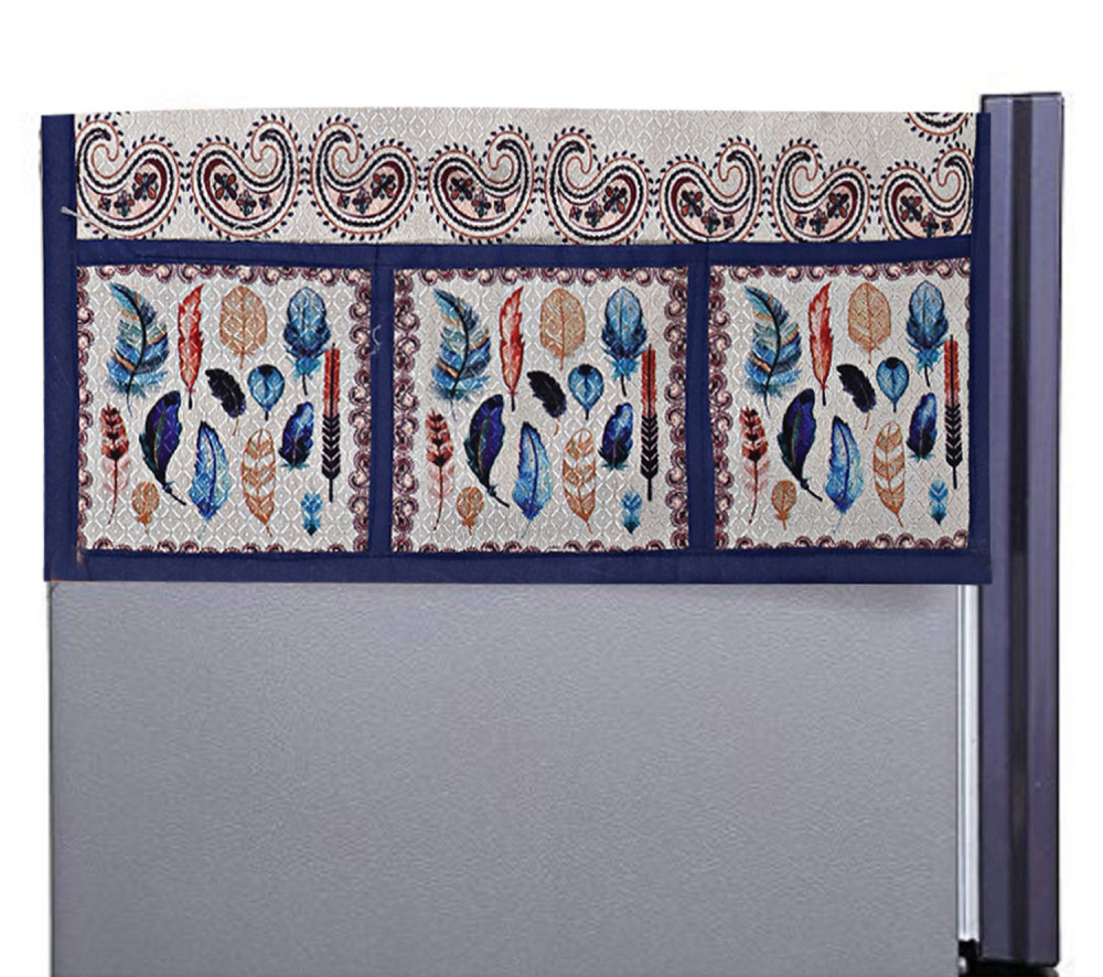 Kuber Industries Birds Wings Print Jute 3-Layered Fridge/Refrigerator Top Cover with 6 Utility Pockets,Gold