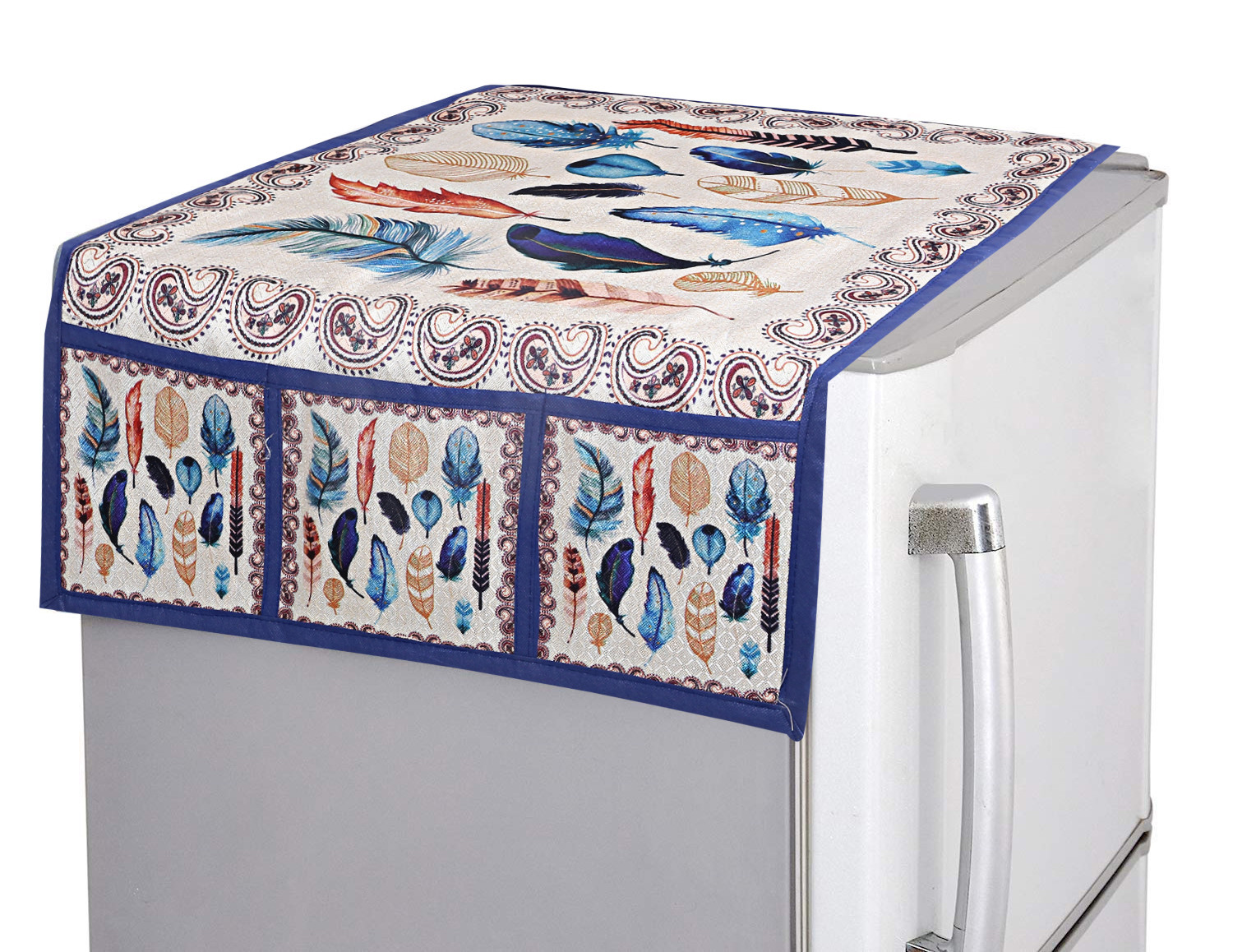 Kuber Industries Birds Wings Print Jute 3-Layered Fridge/Refrigerator Top Cover with 6 Utility Pockets,Gold