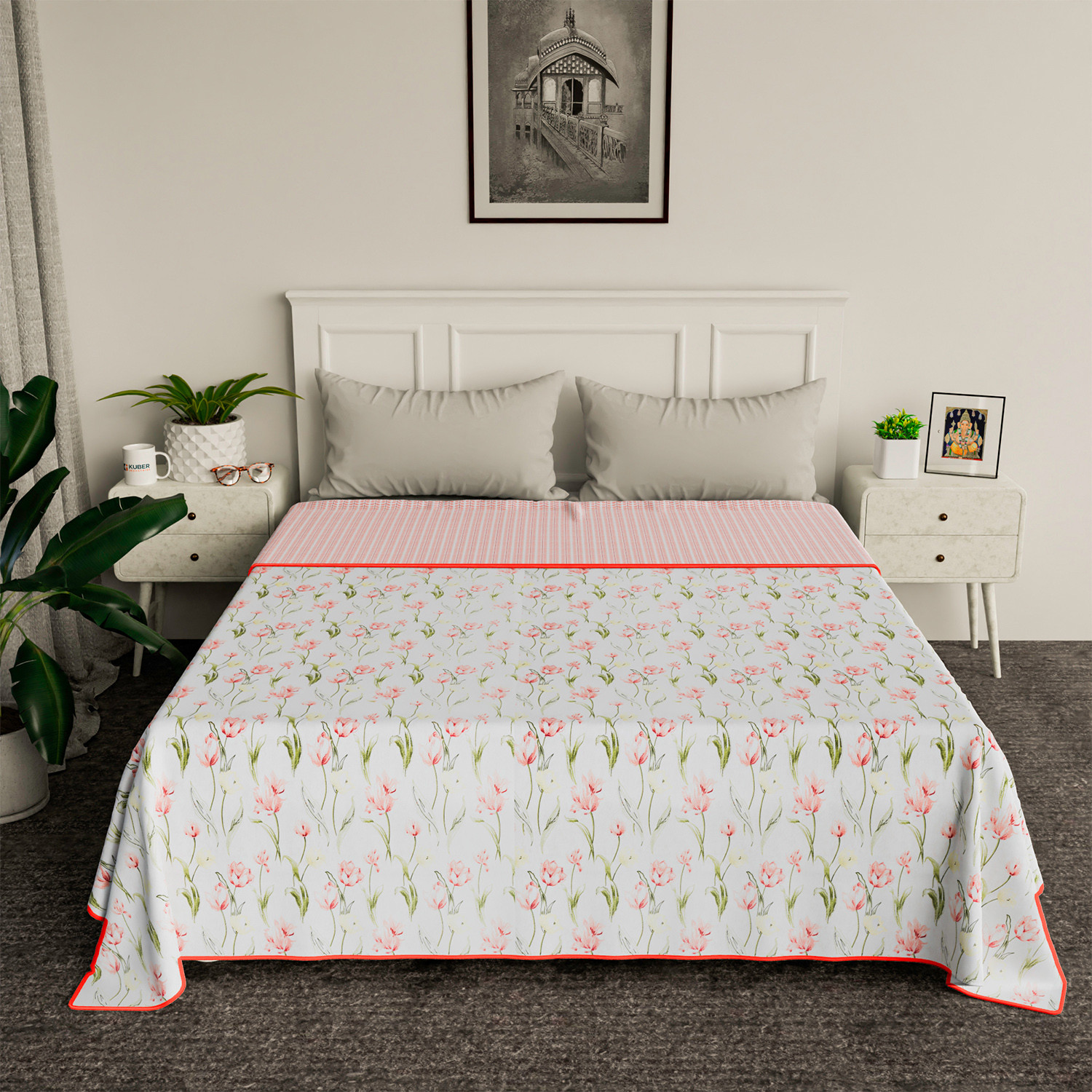 Kuber Industries Blanket | Cotton Double Bed Dohar | Blanket For Home | Reversible AC Blanket For Travelling | Blanket For Summer | Blanket For Winters | Red Flower | White