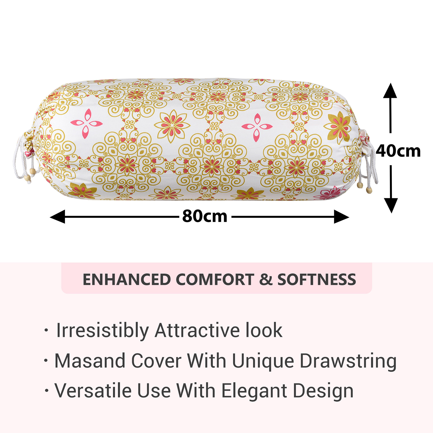 Kuber Industries Bolster Cover | Cotton Bolster Cover Set | Diwan Bolster Cushion Pillow Covers | Bed Side Long Pillow Case | Rangoli Masand Cover | 16x32 Inch | White & Orange