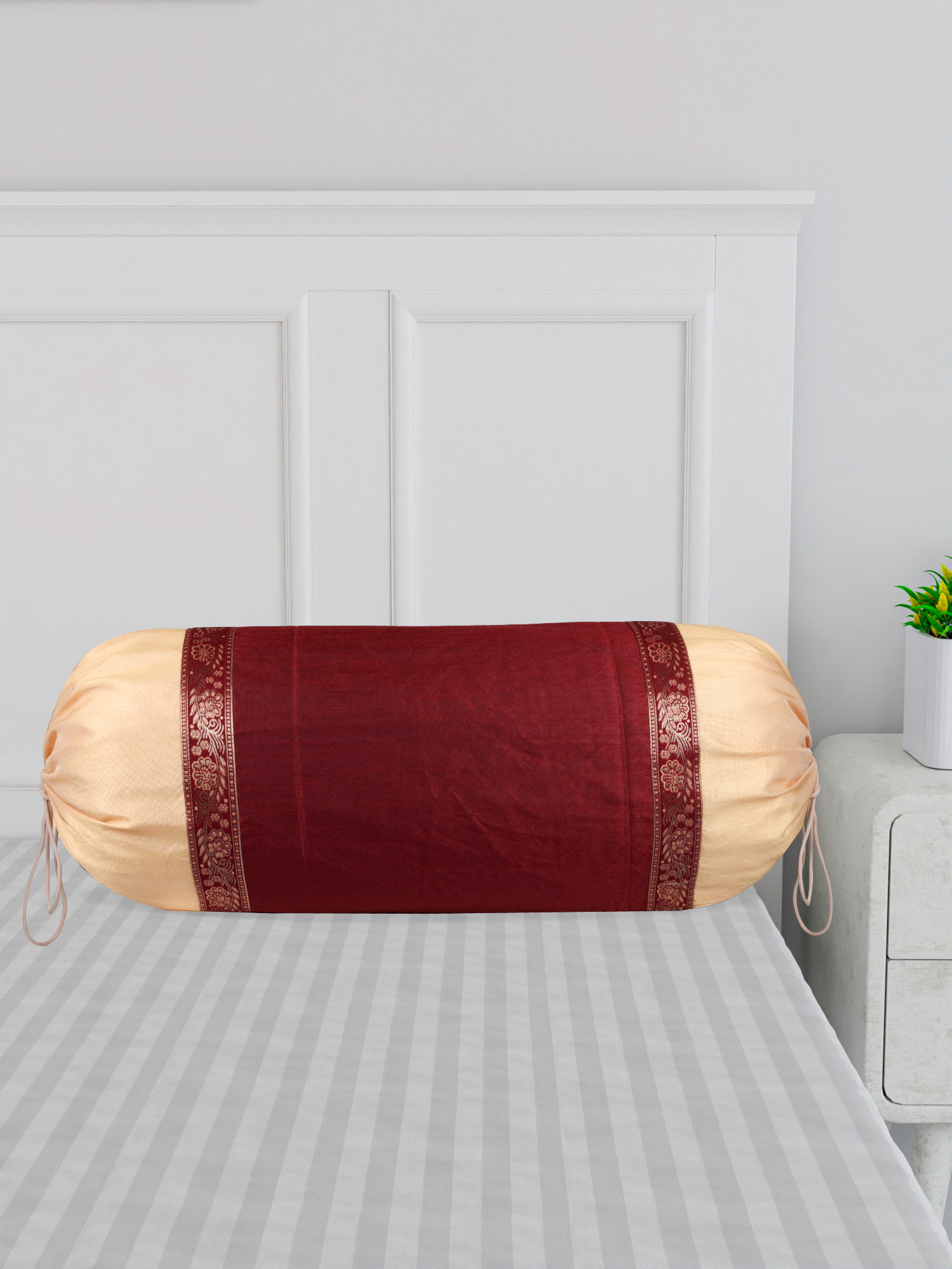 Kuber Industries Bolster Covers | Dupion Polyester Bolster Cover Set | Diwan Bolster Cover Set | Bolster Pillow Cover | Lace Design Masand Cover | 16x32 Inch | Pack of 2 | Maroon