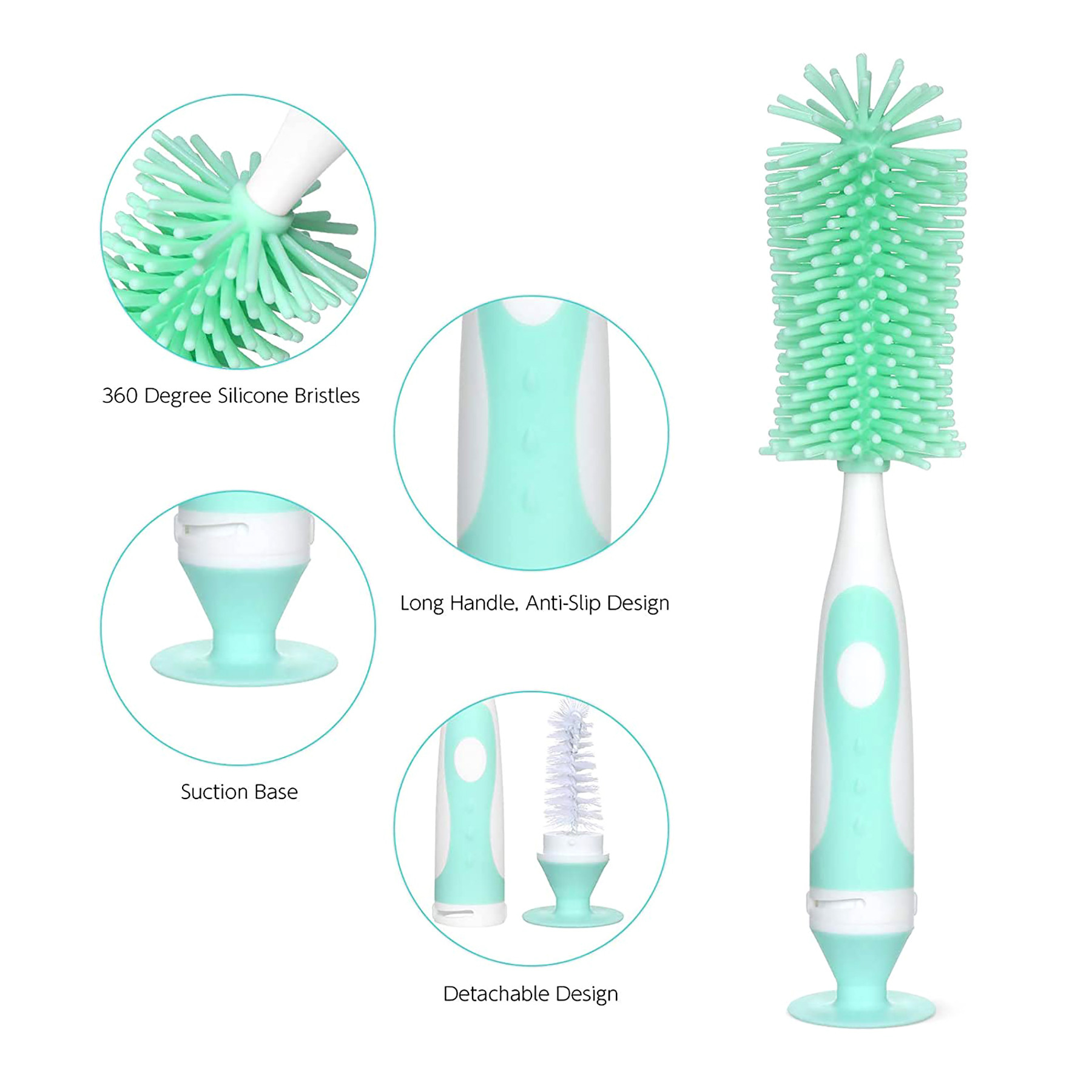 Kuber Industries Bottle Brush | Long Handle Bottle Brush | Silicone Bottle Cleaner Brush Set | Baby Feeding Bottle Cleaning Brush | Nipple Cleaner with Suction Base | Green