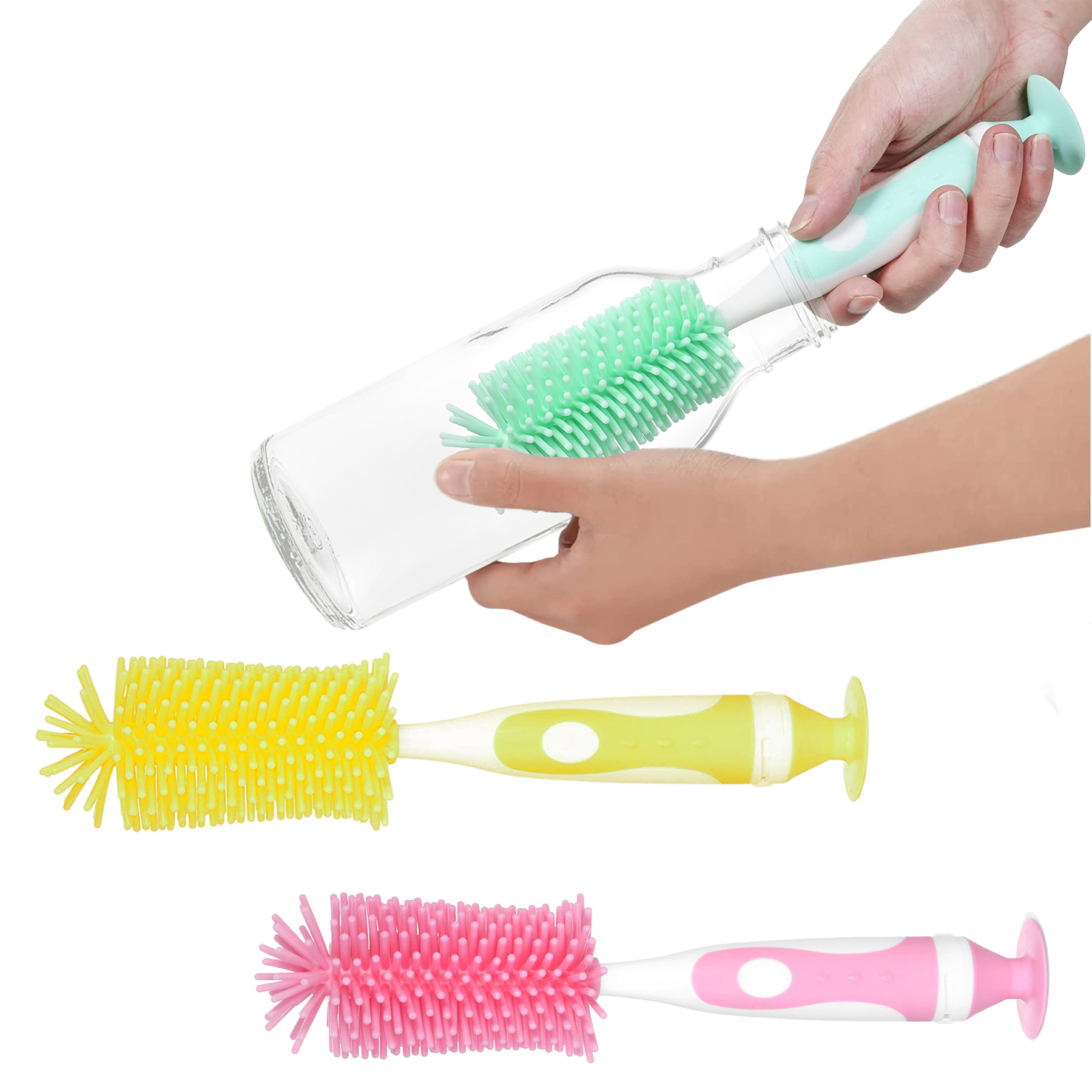 Kuber Industries Bottle Brush | Long Handle Bottle Brush | Silicone Bottle Cleaner Brush Set | Baby Feeding Bottle Cleaning Brush | Nipple Cleaner with Suction Base | Pack of 3 | Multicolor