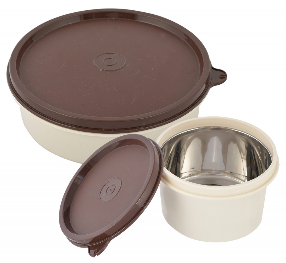 Kuber Industries BPA Free Food Grade Microwave Safe Inner Steel Lunch Containers Set, Set of 2 (Cream &amp; Brown)-HS42KUBMART25141