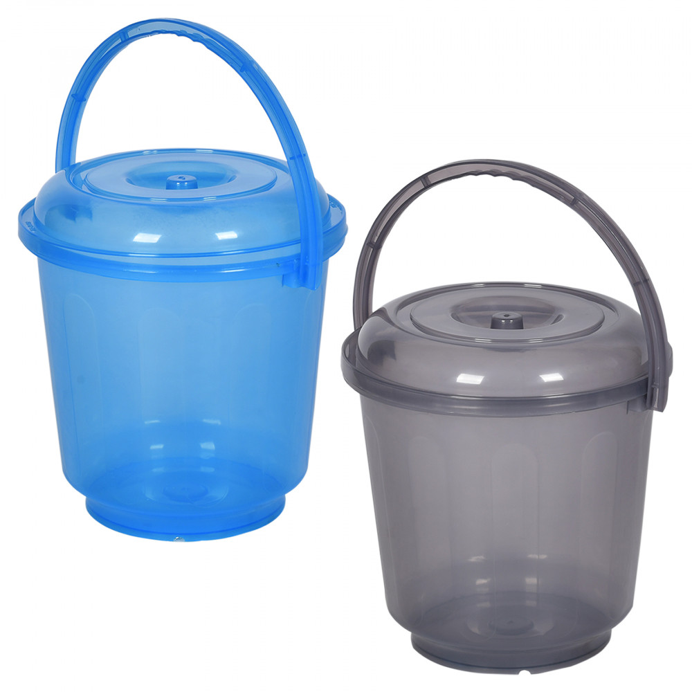 Kuber Industries Bucket | Bathroom Bucket | Utility Bucket for Daily Use | Water Storage Bucket | Bathing Bucket with Handle &amp; Lid | 13 LTR | SUPER-013 | Transparent | Blue &amp; Gray