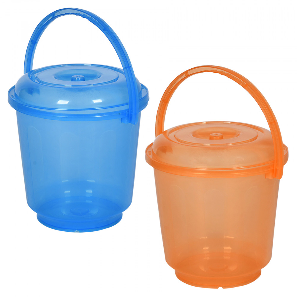 Kuber Industries Bucket | Bathroom Bucket | Utility Bucket for Daily Use | Water Storage Bucket | Bathing Bucket with Handle &amp; Lid | 13 LTR | SUPER-013 | Transparent | Blue &amp; Orange