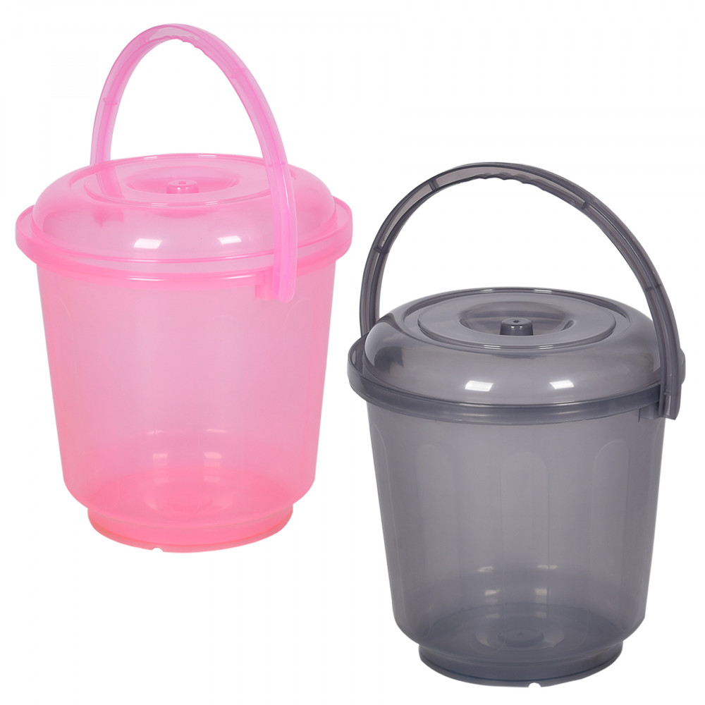 Kuber Industries Bucket | Bathroom Bucket | Utility Bucket for Daily Use | Water Storage Bucket | Bathing Bucket with Handle &amp; Lid | 13 LTR | SUPER-013 | Transparent | Pink &amp; Gray