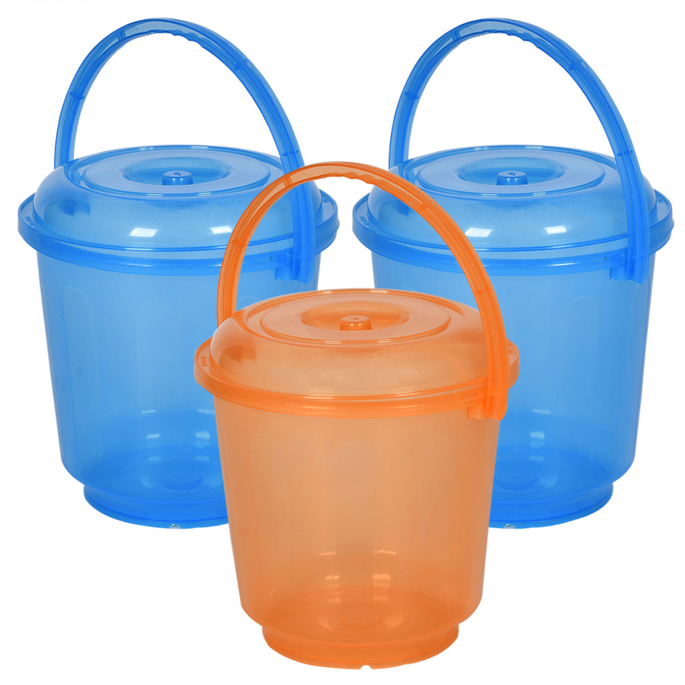 Kuber Industries Bucket | Bathroom Bucket | Utility Bucket for Daily Use | Water Storage Bucket | Bathing Bucket with Handle &amp; Lid | 13 LTR | SUPER-013 | Transparent | Blue &amp; Orange