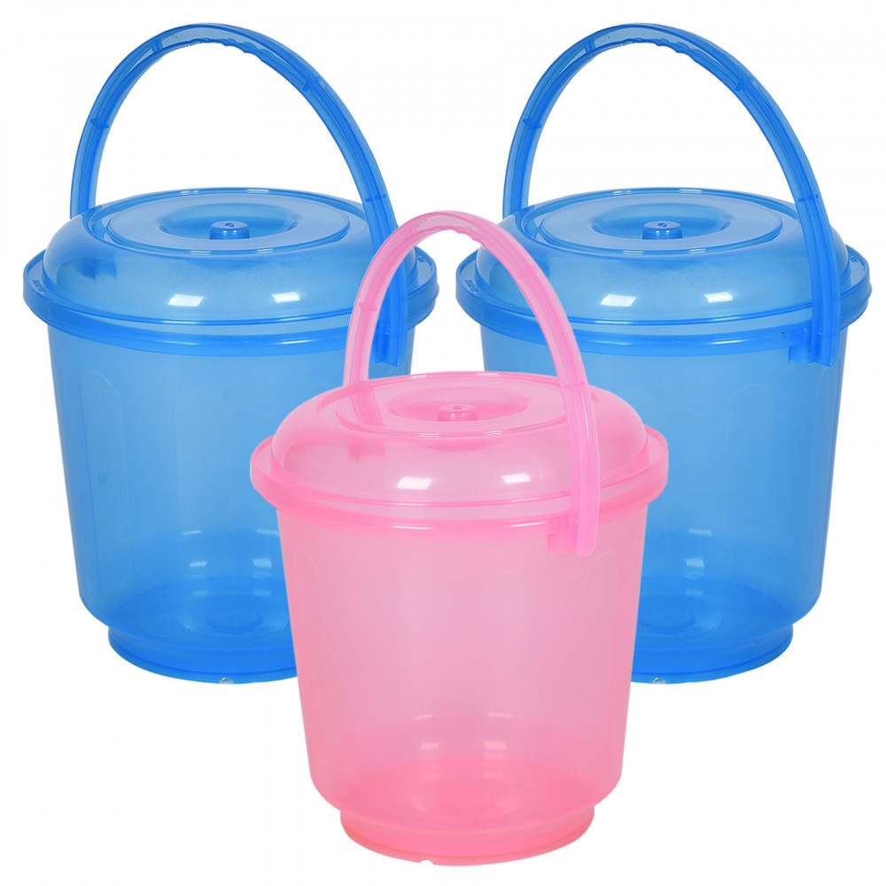 Kuber Industries Bucket | Bathroom Bucket | Utility Bucket for Daily Use | Water Storage Bucket | Bathing Bucket with Handle &amp; Lid | 13 LTR | SUPER-013 | Transparent | Blue &amp; Pink