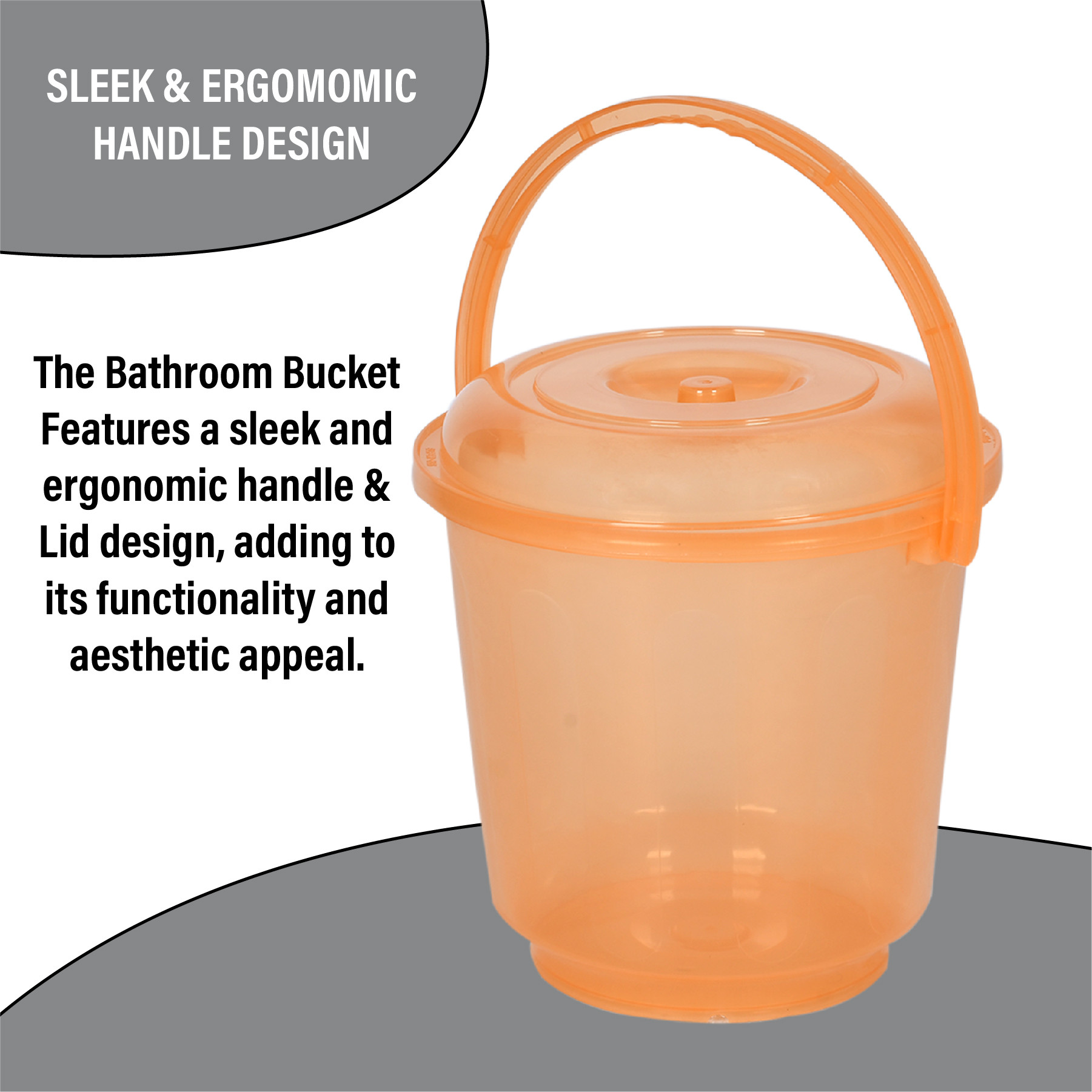 Kuber Industries Bucket | Bathroom Bucket | Utility Bucket for Daily Use | Water Storage Bucket | Bathing Bucket with Handle & Lid | 13 LTR | SUPER-013 | Transparent | Gray & Orange