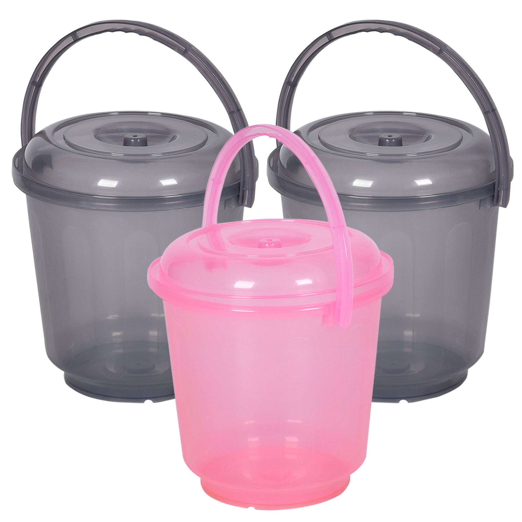 Kuber Industries Bucket | Bathroom Bucket | Utility Bucket for Daily Use | Water Storage Bucket | Bathing Bucket with Handle & Lid | 13 LTR | SUPER-013 | Transparent | Pink & Gray