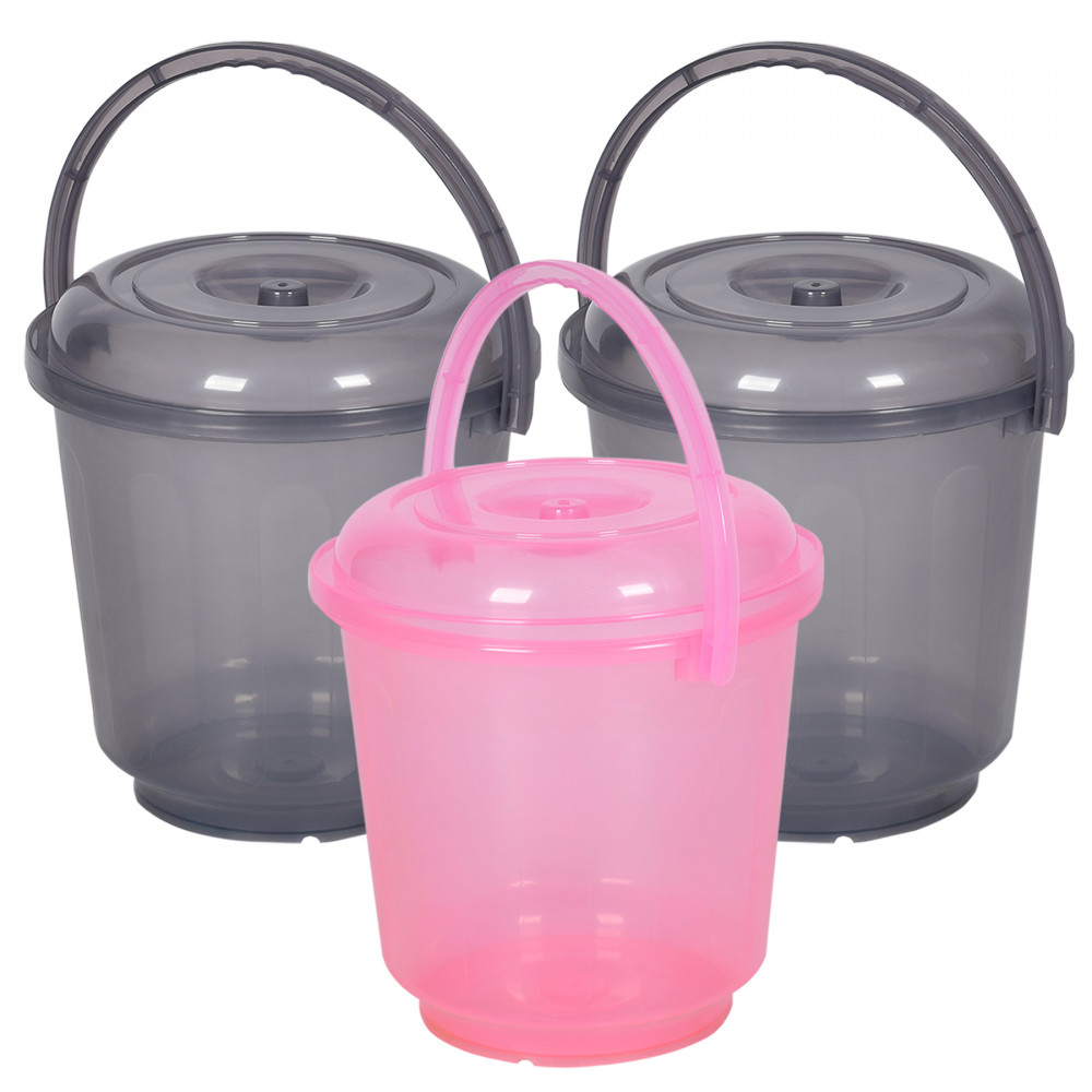 Kuber Industries Bucket | Bathroom Bucket | Utility Bucket for Daily Use | Water Storage Bucket | Bathing Bucket with Handle &amp; Lid | 13 LTR | SUPER-013 | Transparent | Pink &amp; Gray