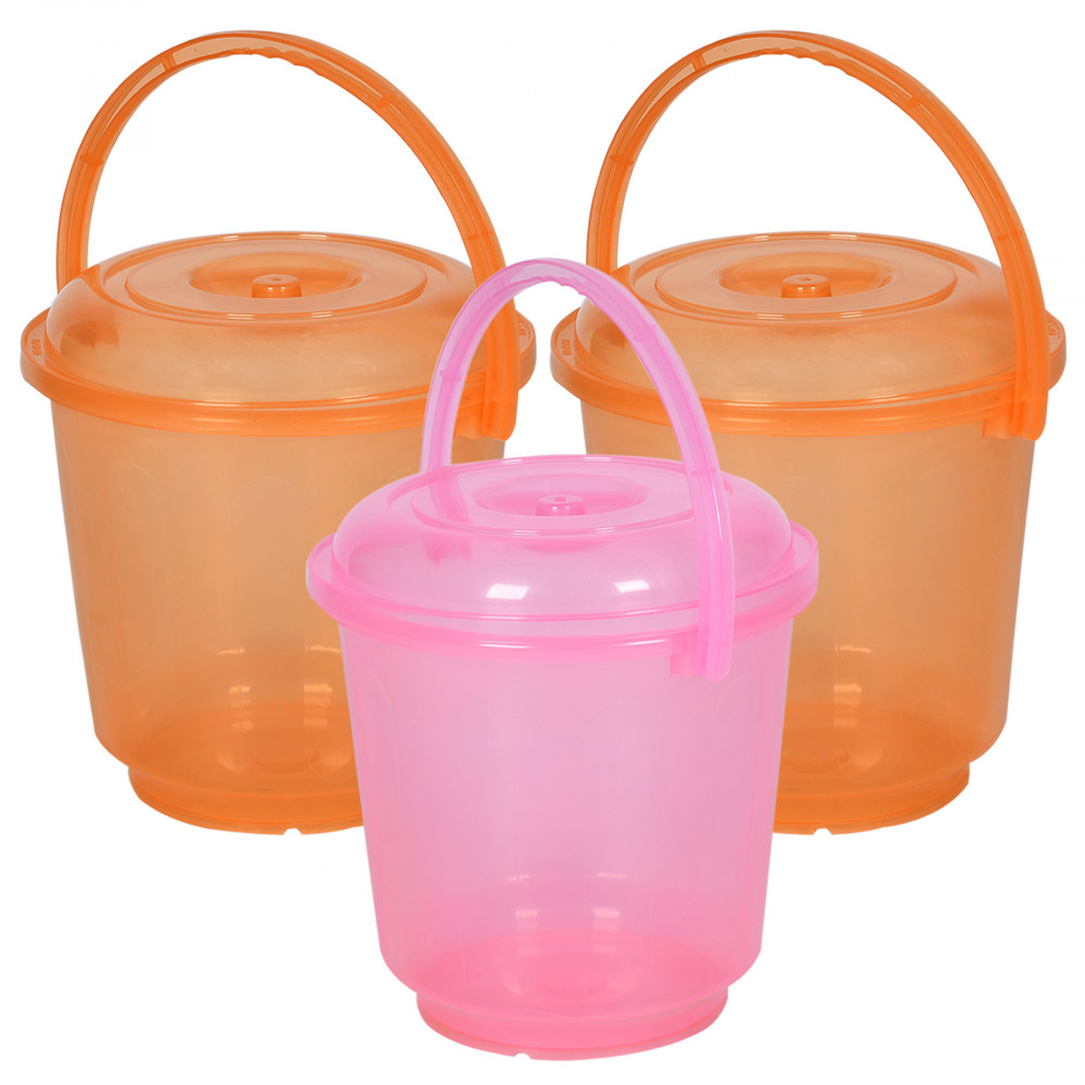 Kuber Industries Bucket | Bathroom Bucket | Utility Bucket for Daily Use | Water Storage Bucket | Bathing Bucket with Handle &amp; Lid | 13 LTR | SUPER-013 | Transparent | Pink &amp; Orange