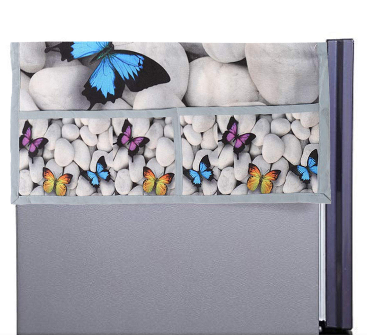 Kuber Industries butterfly Print Jute 3-Layered Fridge/Refrigerator Top Cover with 6 Utility Pockets,Gold