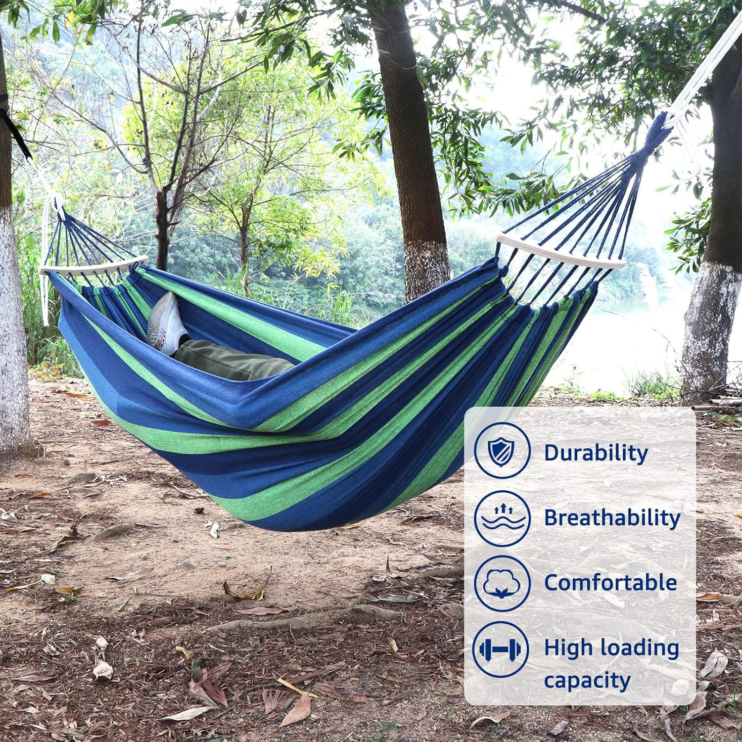 Kuber Industries Canvas Travel Hammock |Garden Hammock Swing For Adults|130 KG Load Bearing Capicity|Including 2 Rope, 1 Bag (Blue & Green)