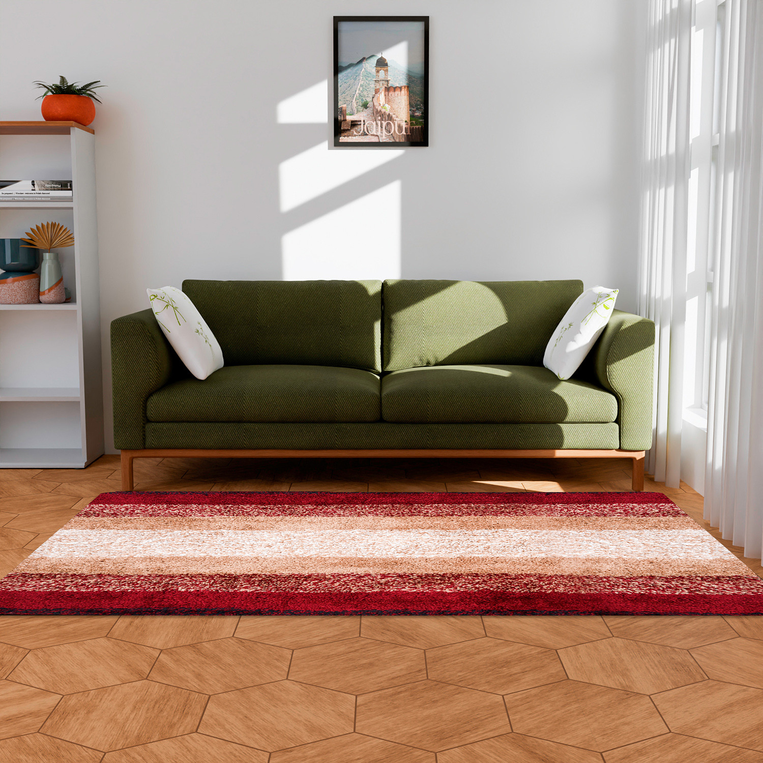 Kuber Industries Carpet | Shaggy Carpet for Living Room | Fluffy Carpet for Bedroom | Maroon Patta Rainbow Carpet | Floor Carpet Rug | Non-Slip Bedside Rug | 3x5 Feet | Cream