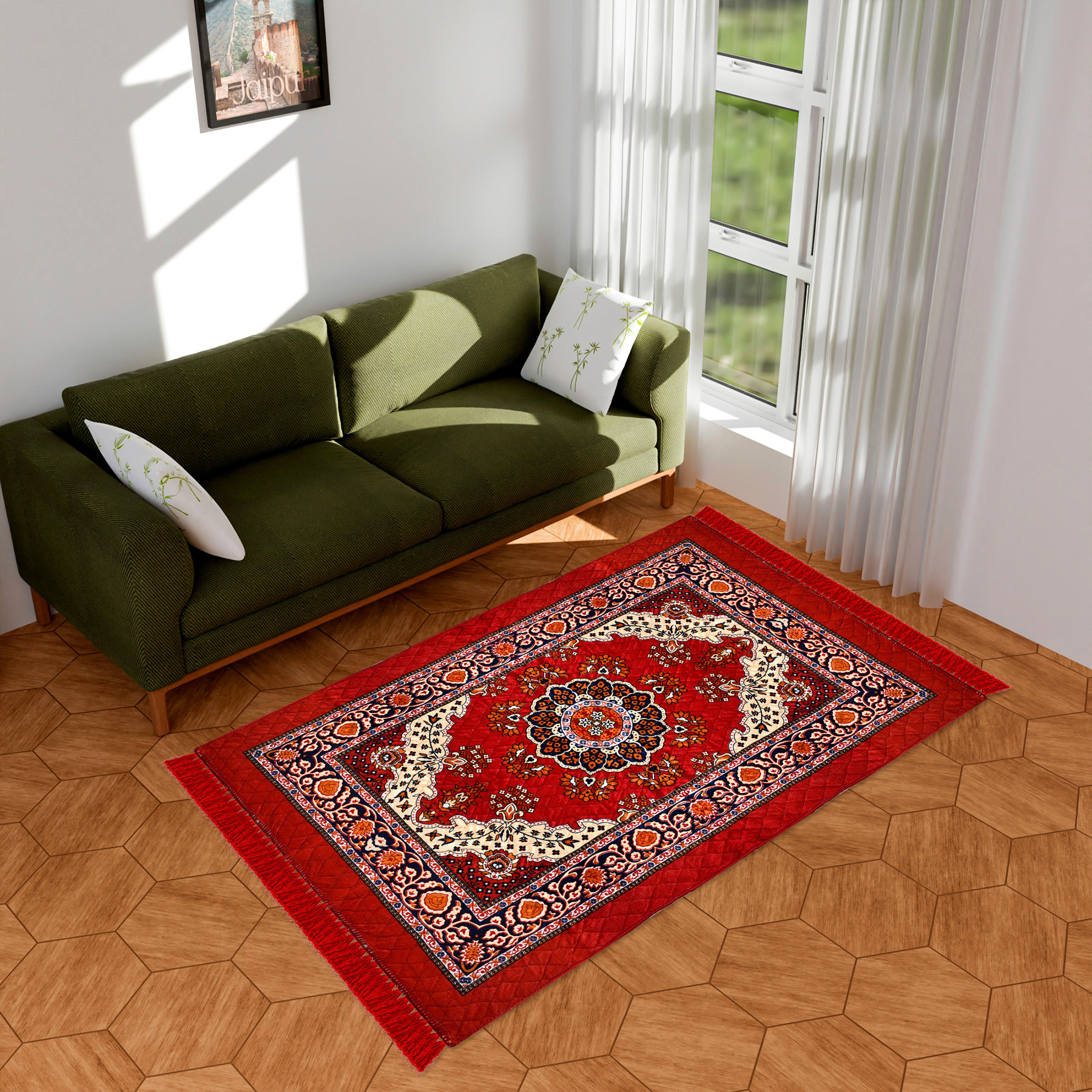Kuber Industries Carpet | Velvet Carpet-Rug for Home Décor | Carpet Rug for Bedroom | Carpet for Living Room | Prayer-Yoga Mat | Carpet for Hall | 4x6 Ft | Red