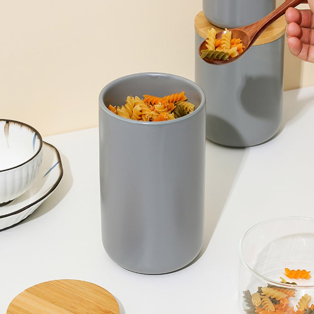 Kuber Industries Ceramic Jar | Food Storage Jar | Kitchen Storage Jar | Round Jar for Home | Sugar Storage Jar | Airtight Bamboo Lid | YX07-L-GY | 1000 ML | Gray